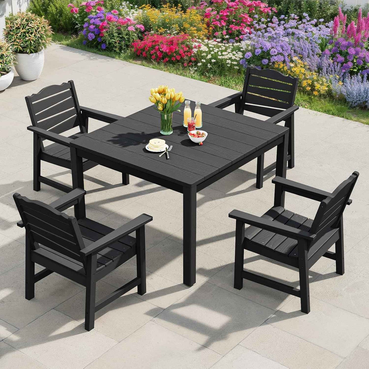 Outdoor Dining Table, Weatherproof 34" Square HIPS Patio Dining Table for 4, with 2" Umbrella Hole, Outdoor Table for Backyard Deck Poolside, Black