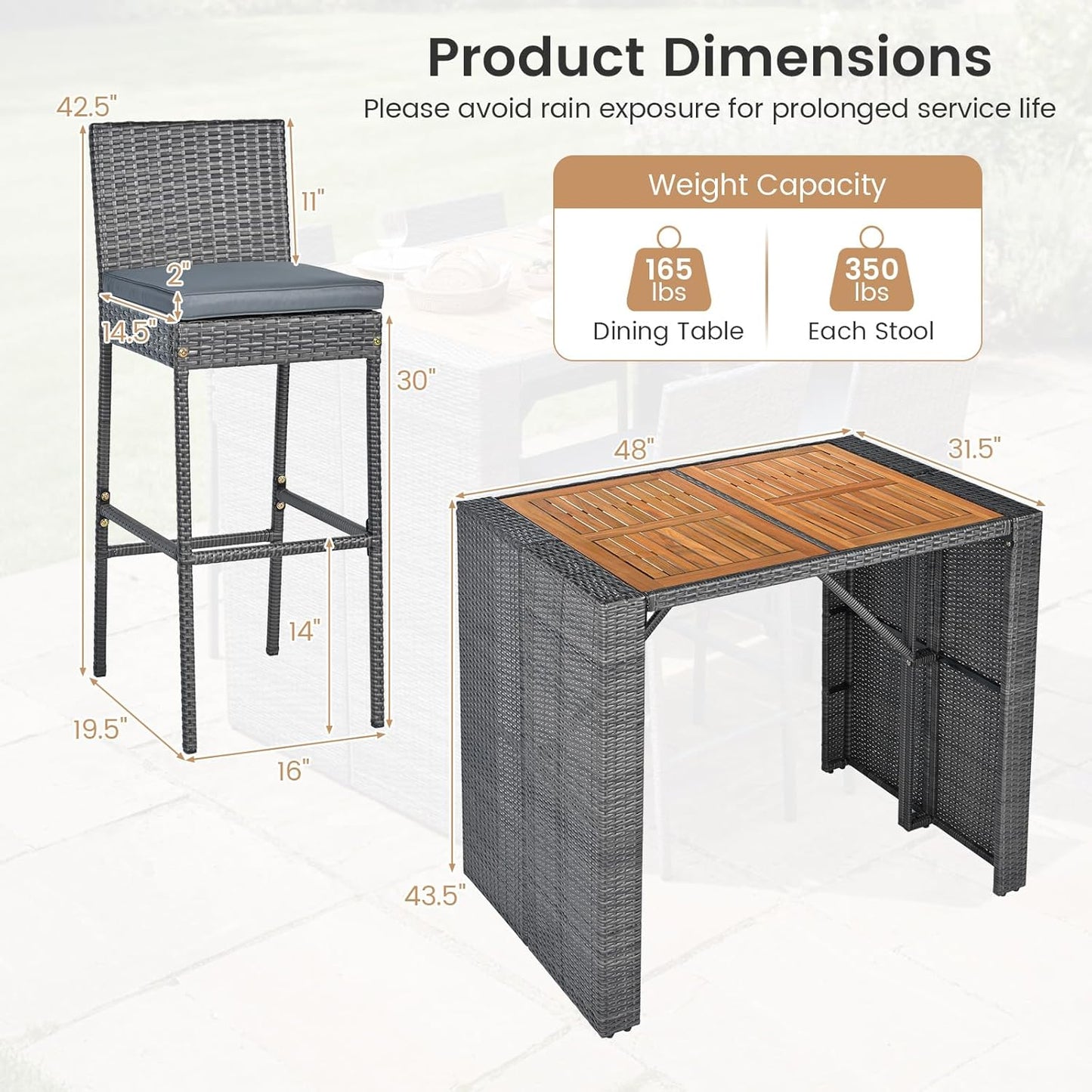 Tangkula 5 Piece Wicker Outdoor Bar Set, Patiojoy Acacia Wood Patio Table and Chairs Set with Bar Height Table & 4 Rattan Bar Stool, Backrest and Footrest for Pool Backyard Deck