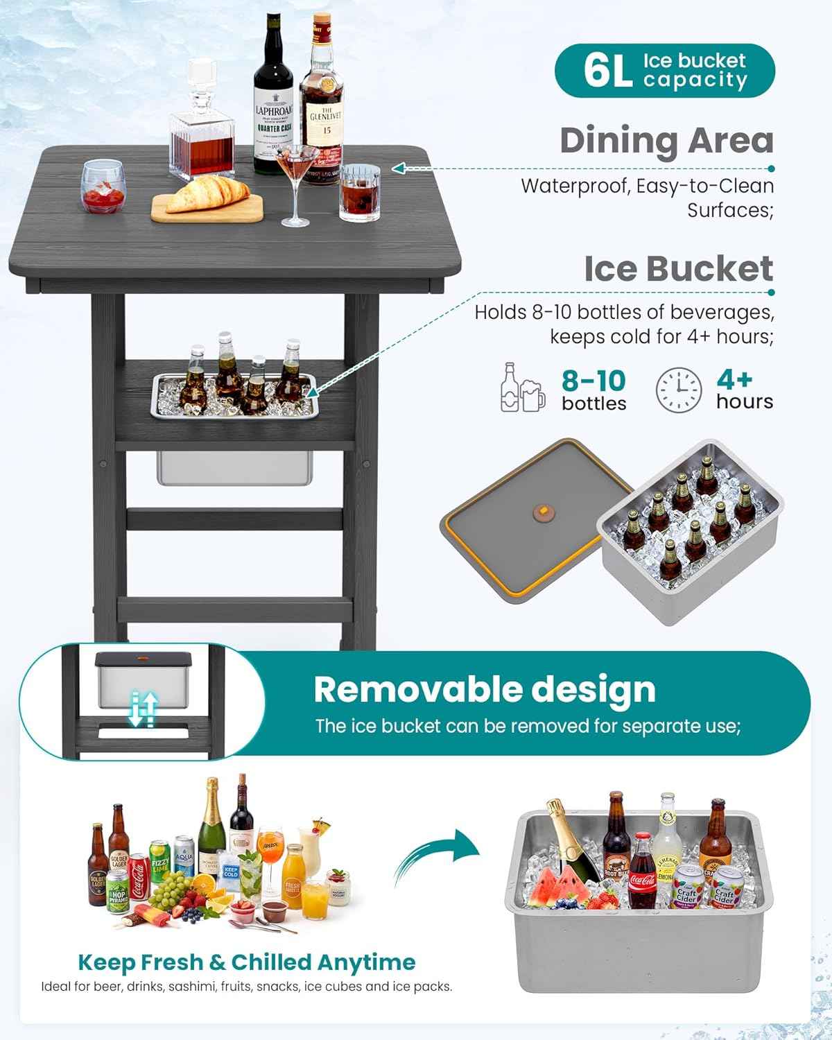 SERWALL Balcony Adirondack Chairs and Table 3 Pieces Set, HDPE Bar Height Chairs Set of 2 and Bar Table with Ice Bucket, Outdoor Bar Stools Set for Bistro, Poolside, Backyard, Grey