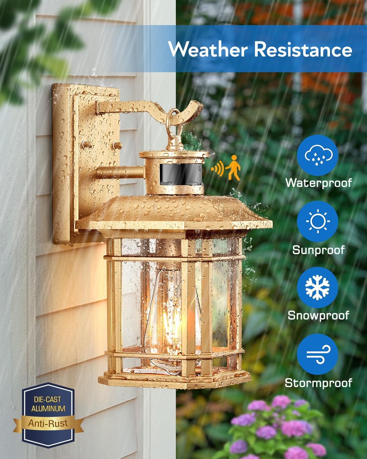 VIANIS Motion Sensor Porch Light, Gold Outdoor Light Fixture Dusk to Dawn, Outdoor Motion Sensor Light Wall Mount, Waterproof, Weather Resistant Carriage Lantern for House, Garage, Front Door