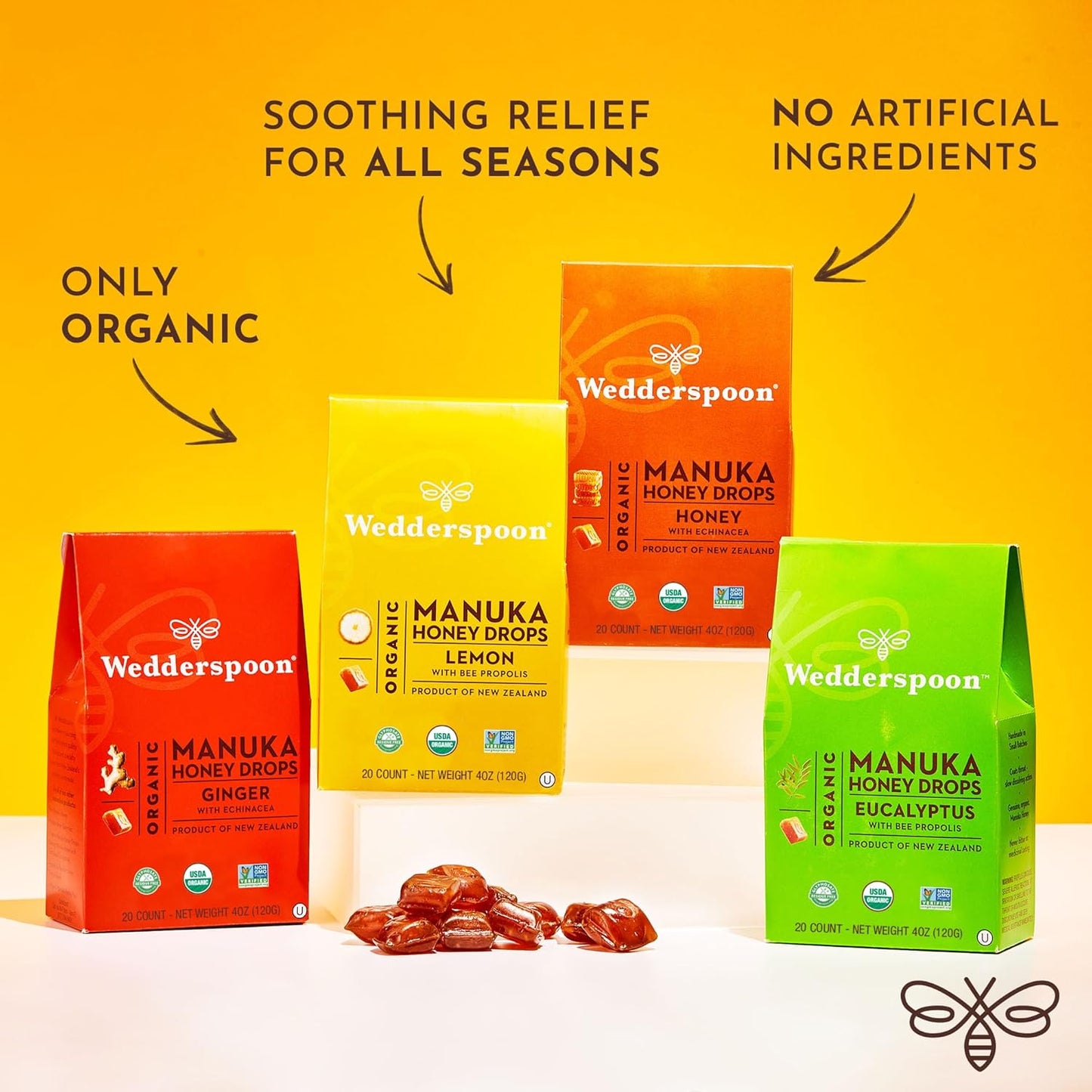 Wedderspoon Organic Manuka Honey Drops, Honey & Echinacea, 20 Count (Pack of 1) | Genuine New Zealand Honey | Perfect Remedy For Dry Throats