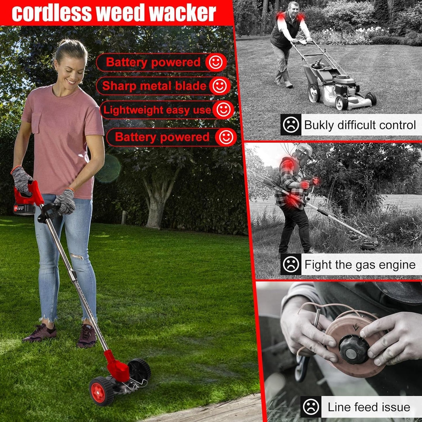 Cordless Weed Wacker, Electric Grass Trimmer 21V 2.0Ah Battery Powered Weed Trimmer, 3 in 1 Stringless Lightweight Brush Cutter/Edger/Mower with 4 Types Blade & Wheels for Garden and Yard Lawn