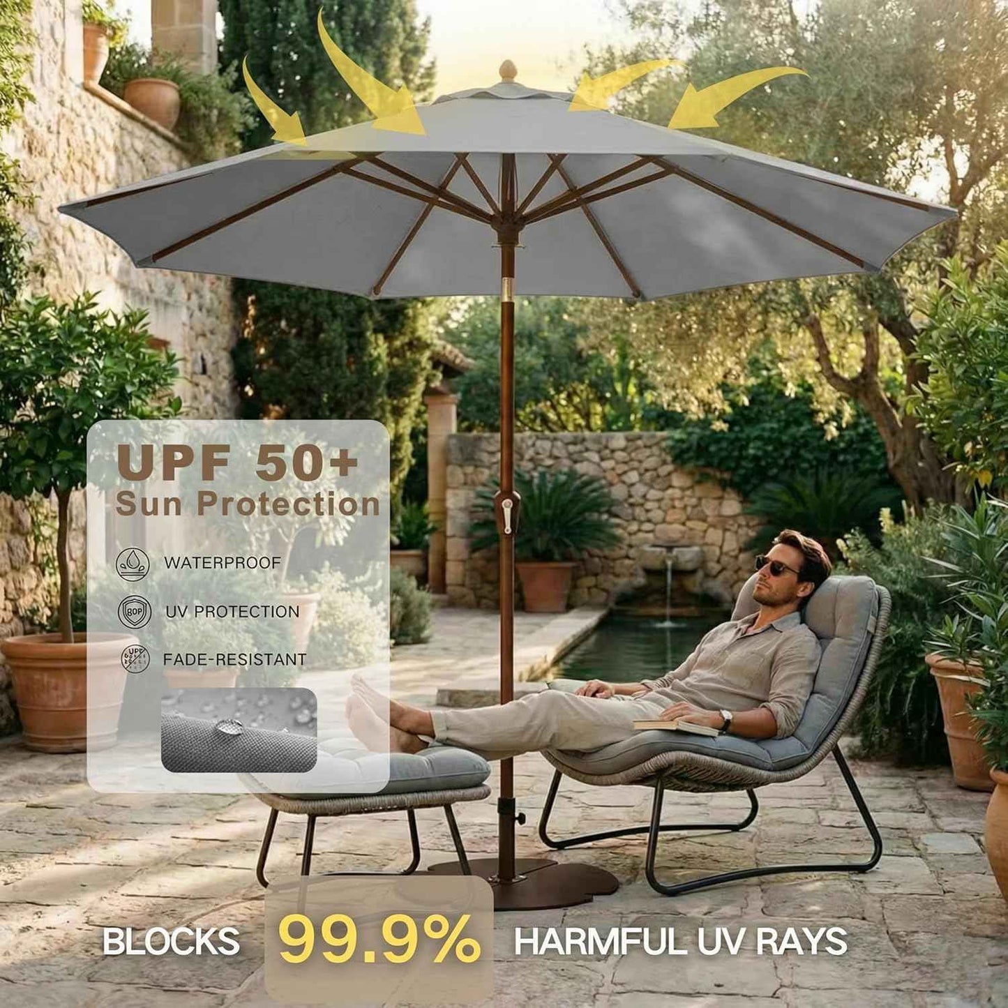 Kingdura 10FT Outdoor Patio Umbrella, Market Table Umbrella with Push Button Tilt and Crank, 8 Sturdy Fiberglass Ribs, UV Protection for Pool, Lawn, Deck, Backyard, Garden (Light grey)