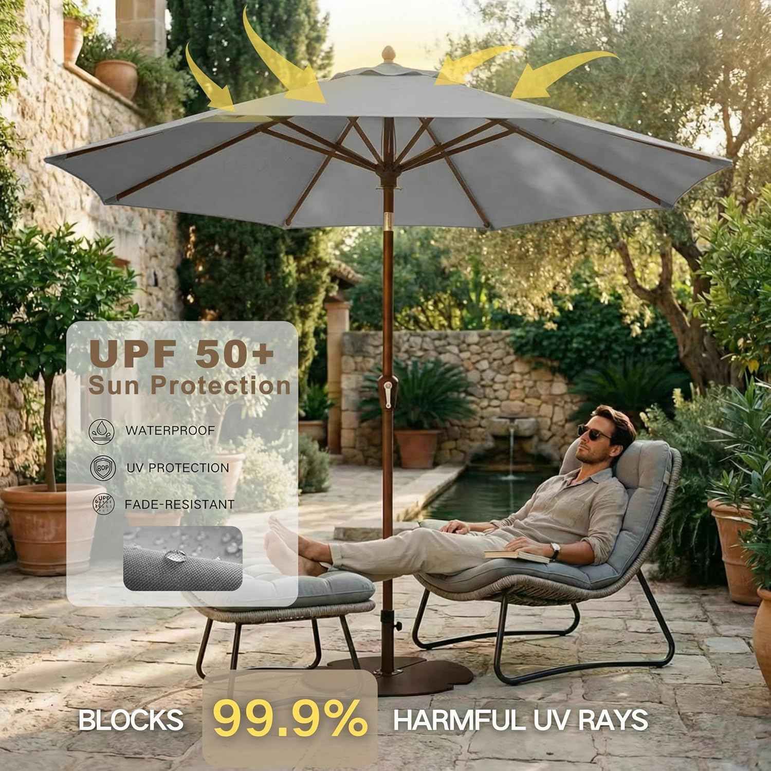 Kingdura 10FT Outdoor Patio Umbrella, Market Table Umbrella with Push Button Tilt and Crank, 8 Sturdy Fiberglass Ribs, UV Protection for Pool, Lawn, Deck, Backyard, Garden (Light grey)