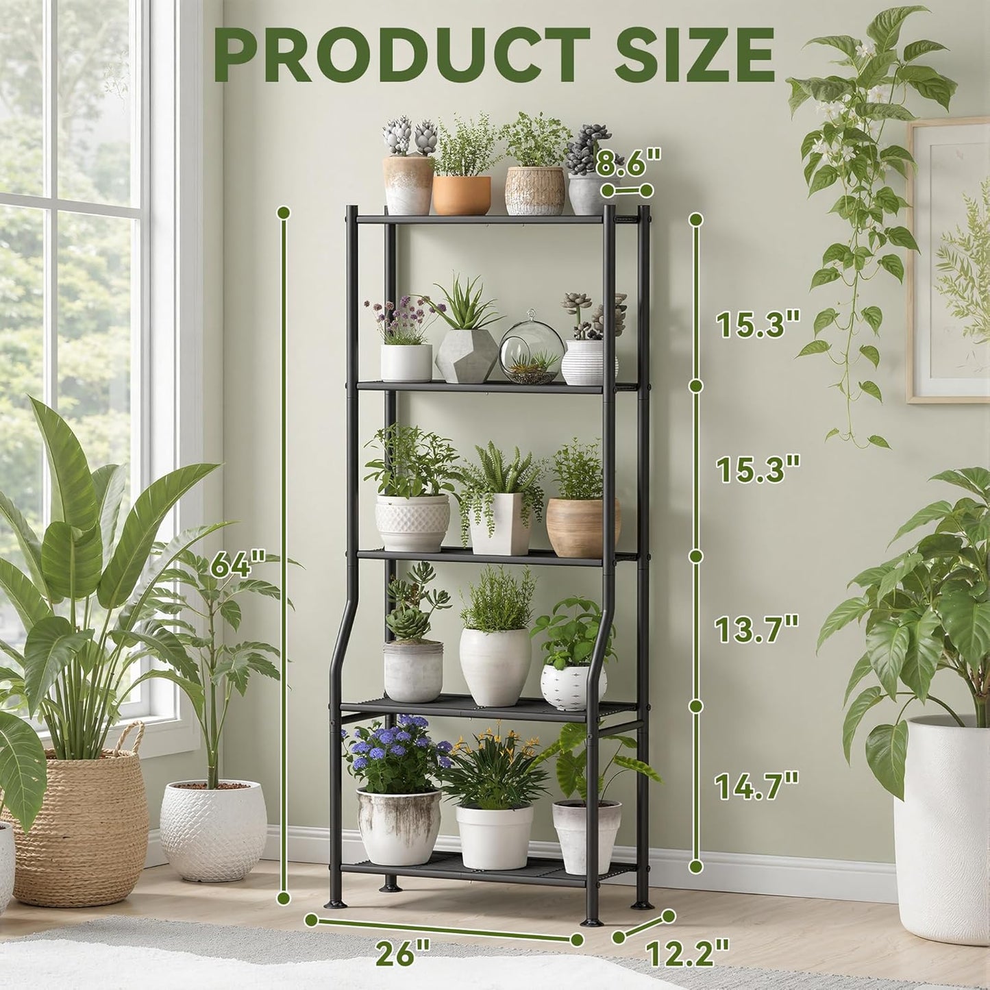 Livilord 5-Tier Plant Stand Indoor Outdoor, 64" Tall Metal Ladder Shelf for Multiple Flower Pot Holder, Waterproof Corner Garden Rack for Balcony Living Room, Black