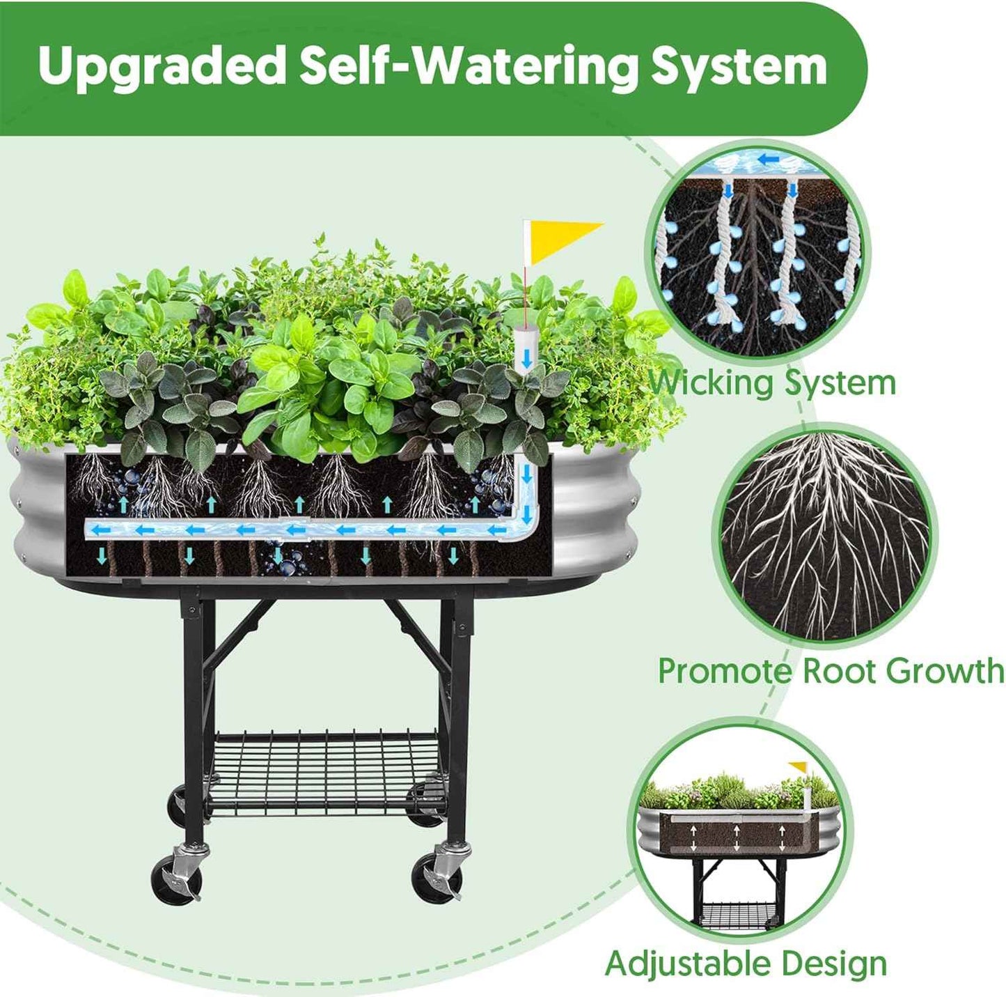 Self-Watering Raised Garden Bed with Legs and Heavy Duty Wheels, Easy-Install Planter Box with Foldable Stand, Galvanized Metal Elevated Wicking Bed with Liner for Indoor Outdoor Gardening