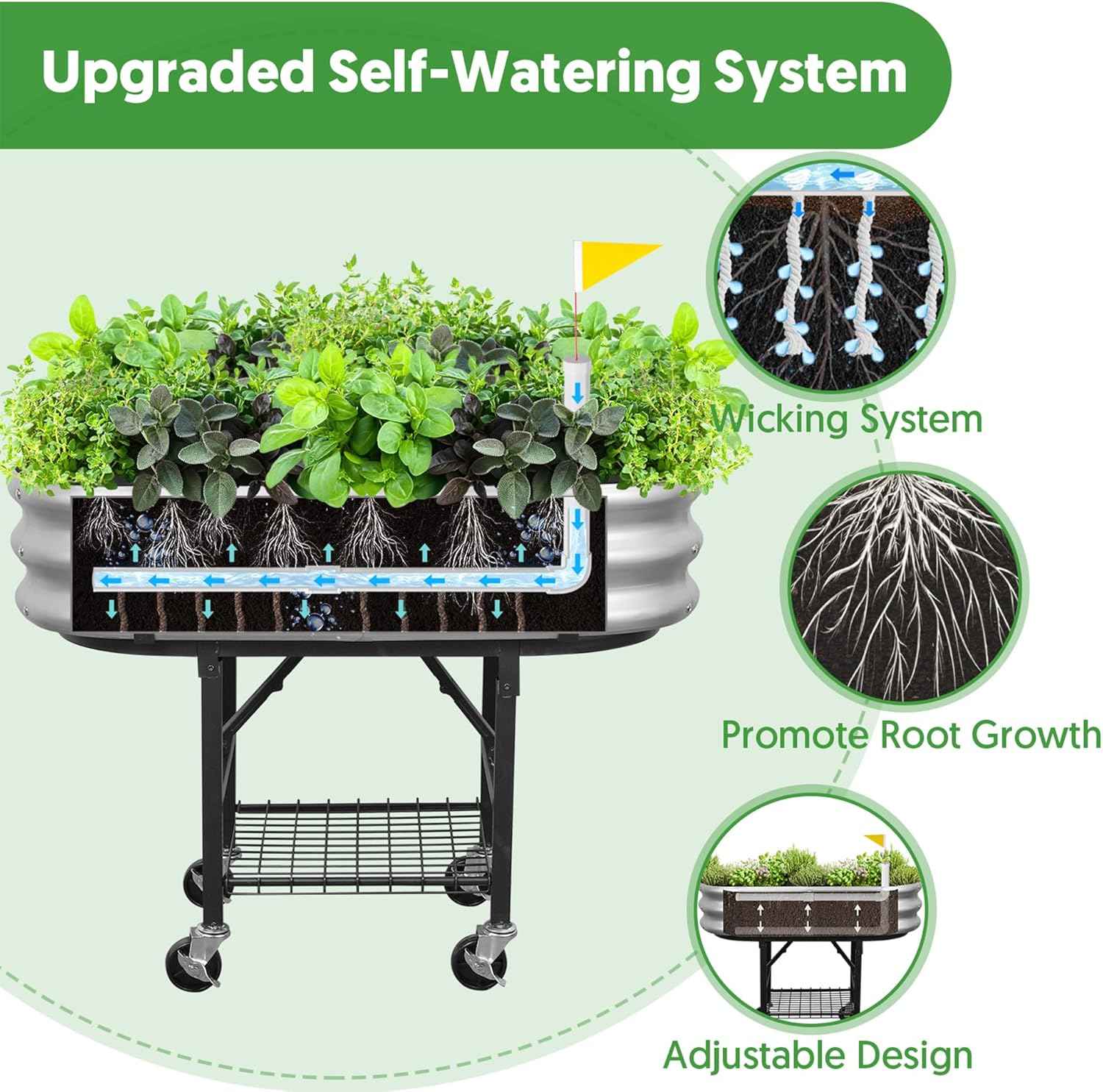 Self-Watering Raised Garden Bed with Legs and Heavy Duty Wheels, Easy-Install Planter Box with Foldable Stand, Galvanized Metal Elevated Wicking Bed with Liner for Indoor Outdoor Gardening