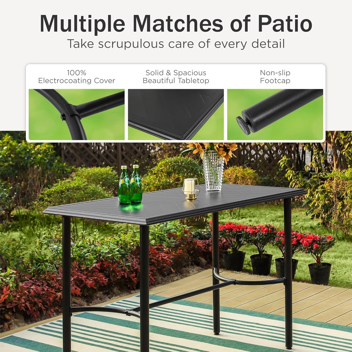 PHI VILLA 5 Piece Outdoor Bar Set, Counter Height Patio Bar Table and Chairs with 26.8" Swivel Bar Stools Brown & Rectangle Bar Table for Garden, Terrace, Yard and Deck