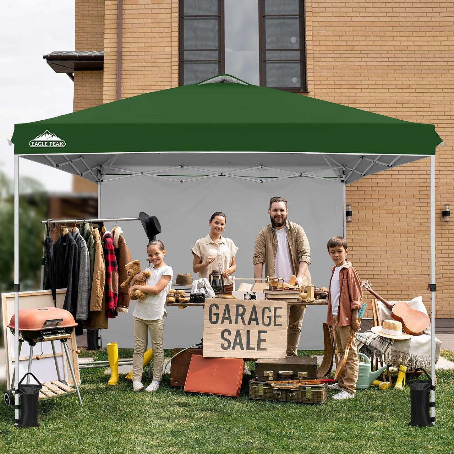 EAGLE PEAK Pop Up Canopy Tent with 1 Sidewall, Easy Setup Event Tent, Outdoor Sun Shade, Wheeled Carry Bag, Stakes and Guy Ropes, Instant Canopy 10x10, Green