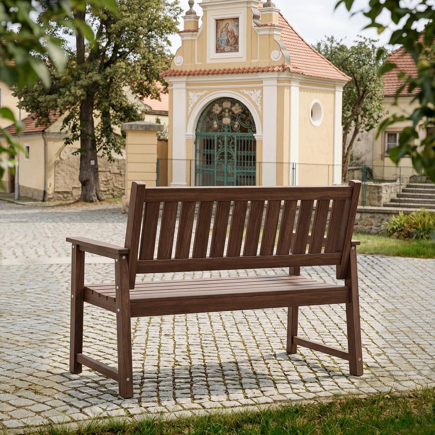 Outdoor Bench, 2-Person Garden Bench, Poly Lumber Patio Bench for Outdoors, Porch, and Park (Brown)