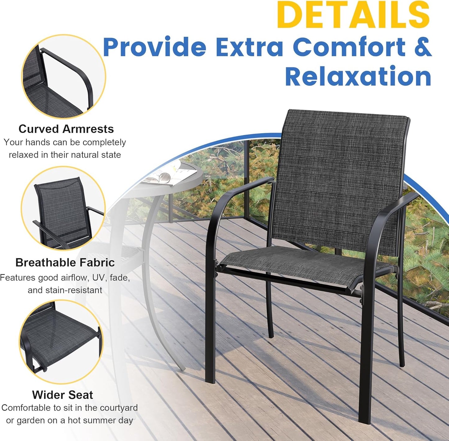 VICLLAX 5 Pieces Patio Dining Set, Outdoor Furniture Set Includes 1 Square Outdoor Table and 4 Stackable Patio Sling Chairs, Grey Wood Grain Tabletop and Grey Fabric