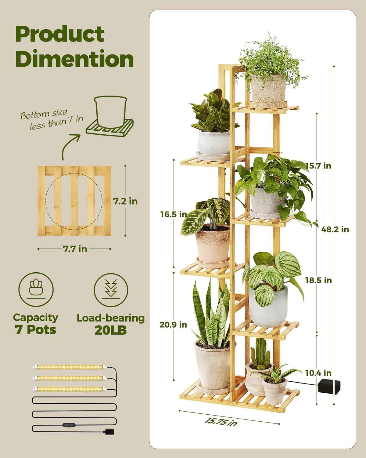 Bamworld Bamboo Plant Stand with Grow Light 6 Tiered Plant Shelf Indoor Outdoor Corner Plant Rack for Multiple Plants Flower Stand Plant Holder for Living Room Bedroom Balcony Patio Garden 48 Inch Natural