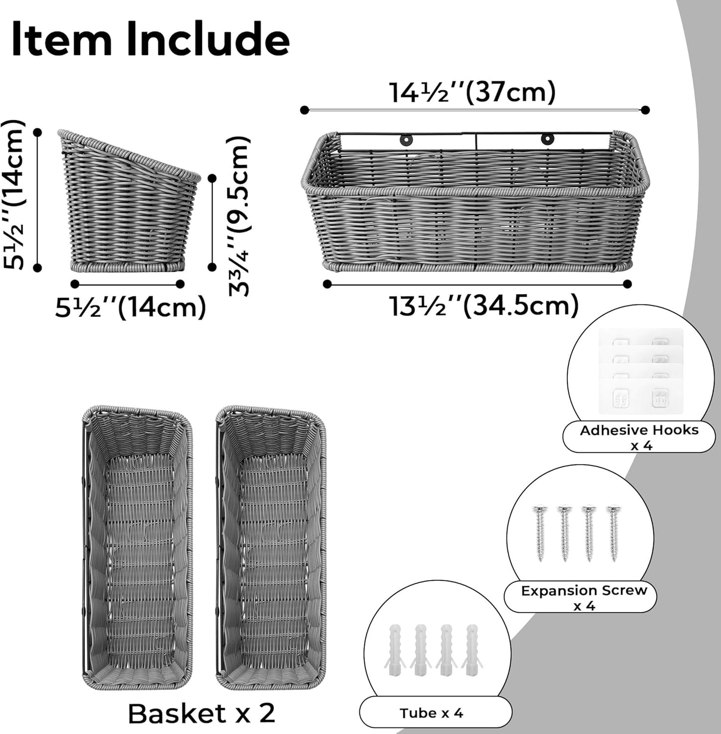 GRANNY SAYS Wicker Hanging Basket, 2 Pack Storage Baskets for Cabinet, Wall Mount Fruit Basket for Kitchen, Adhesive Bathroom Cabinet Organizer, Pantry Organizers and Storage, Gray
