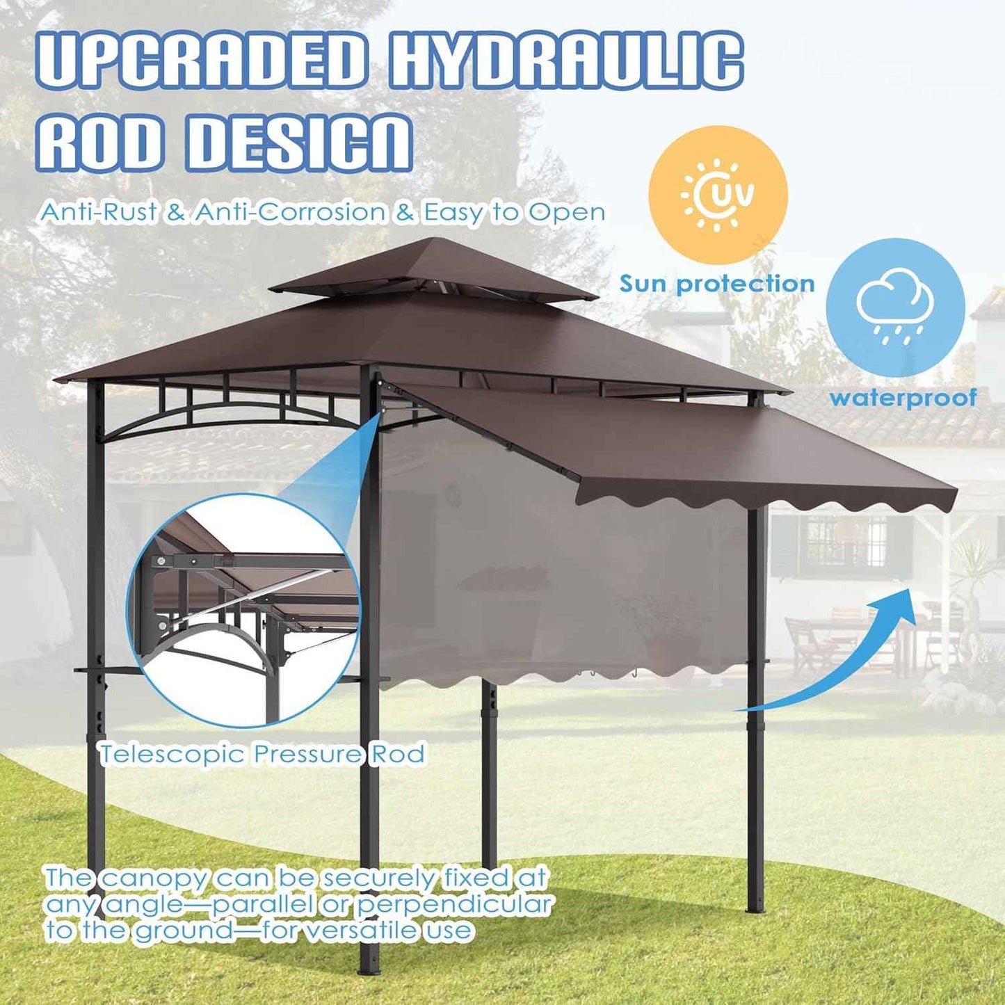 8x8x5 FT BBQ Grill Gazebo Outdoor, Double Tired Patio Canopy Tent with Side Awning Shelves, Barbecue Shelter with 14 Hooks and Bottle Opener for Backyard Garden Poolside, Brown