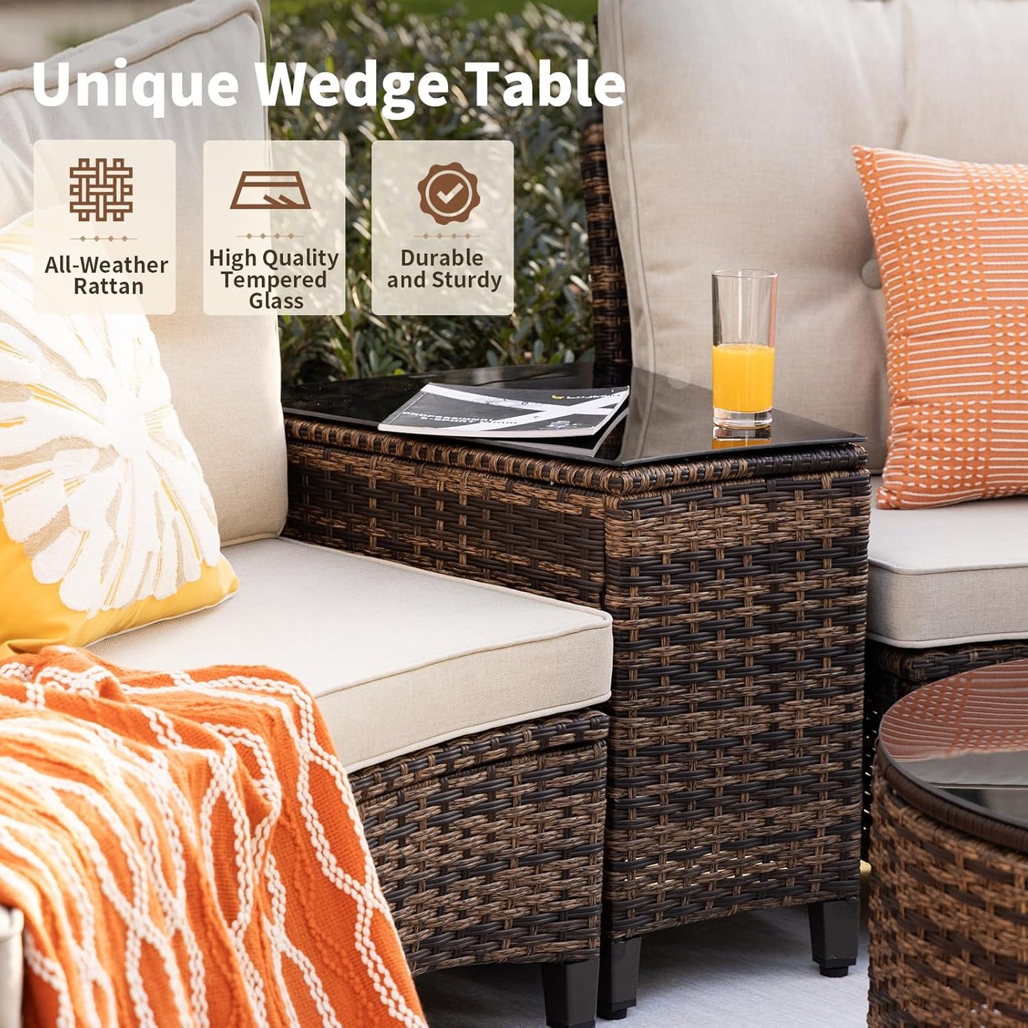 9 Piece Outdoor Patio Furniture Set, Half-Moon Curved Sectional Set with Wood Armrests, Patio Conversation Set, Tempered Glass Coffee & Side Tables（Brown）