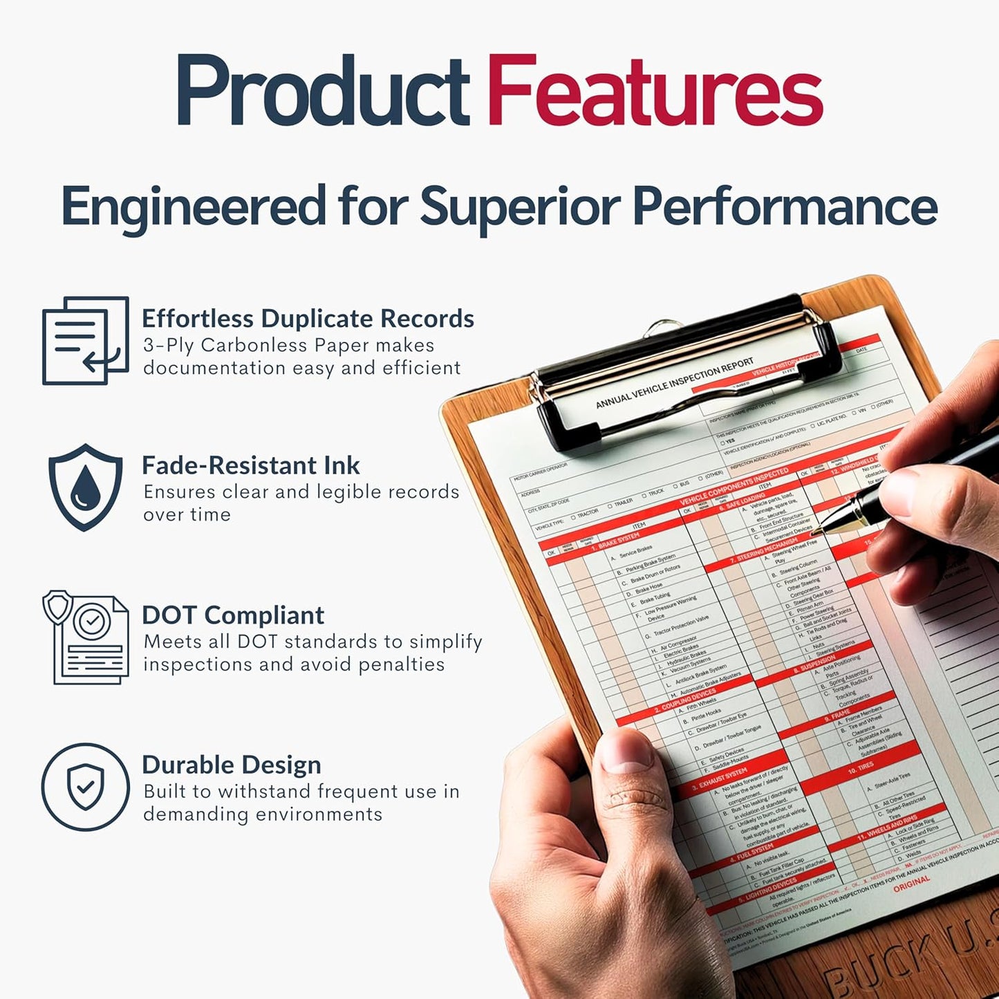 50 Pack 3-Ply Carbonless Annual Vehicle Inspection Report Forms with FMCSA Red Aluminum Adhesive Labels, DOT Inspection Forms and Stickers, Shrink-Wrapped, 8.5" x 11.75" - Made in USA