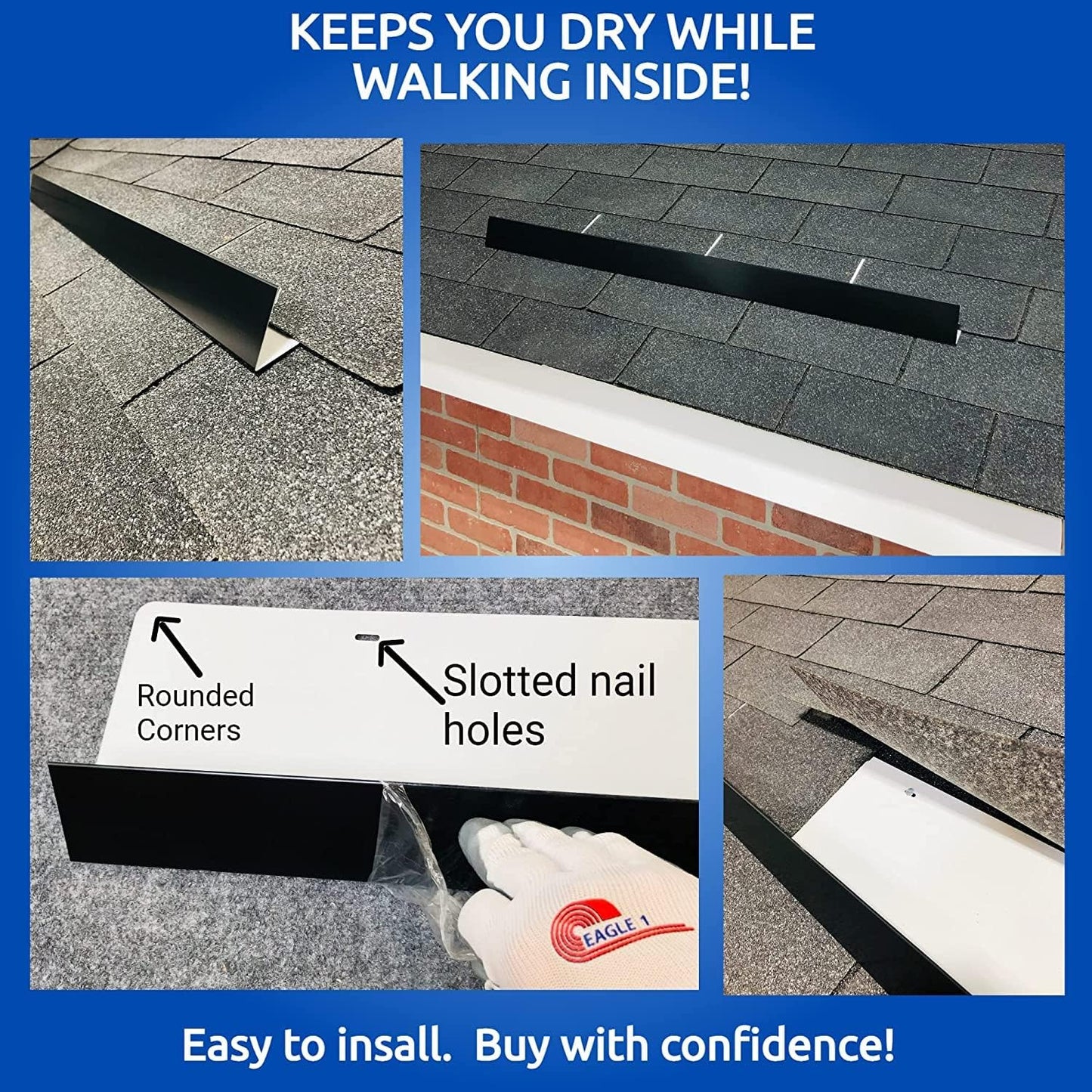 EAGLE 1- Shingle Roof Rain Diverter 40 Inches Long- 26 Gauge Material- Easy to Install- Includes Stainless Steel Nails (2, Black)
