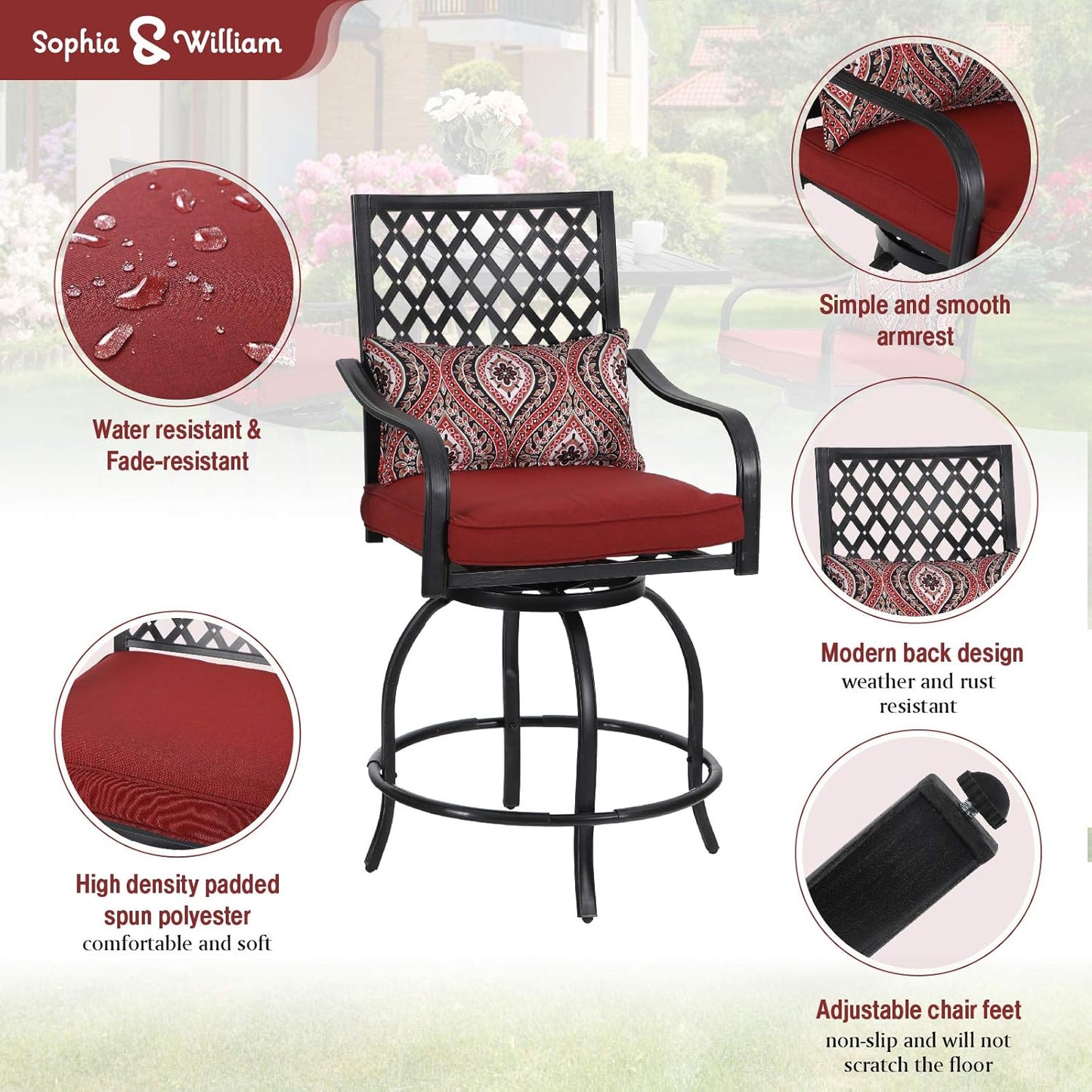 Sophia & William Patio Bar Stools Set 3 Pieces Outdoor Bistro Set, 2 Swivel Bar Chairs and 1 Square Bar Height Table, All-Weather Metal Furniture Set with Red Cushion and Umbrella Hole