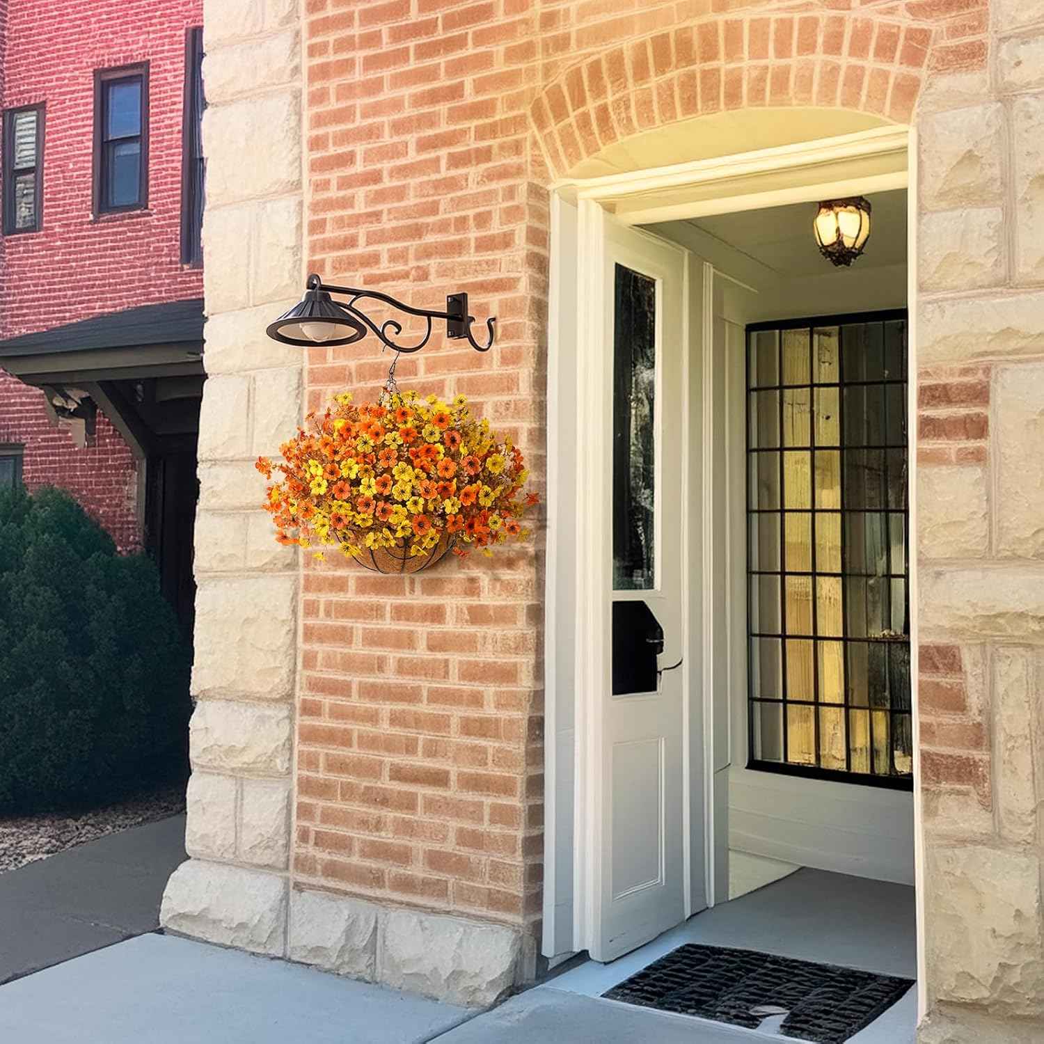 Artificial Fake Hanging Baskets Fall Flowers for Outdoors Autumn Decoration, 12 PCS Faux Daisy Silk Plants Outside UV Resistant Look Real Yard Patio Front Porch Balcony Home Decor (Orange Yellow)