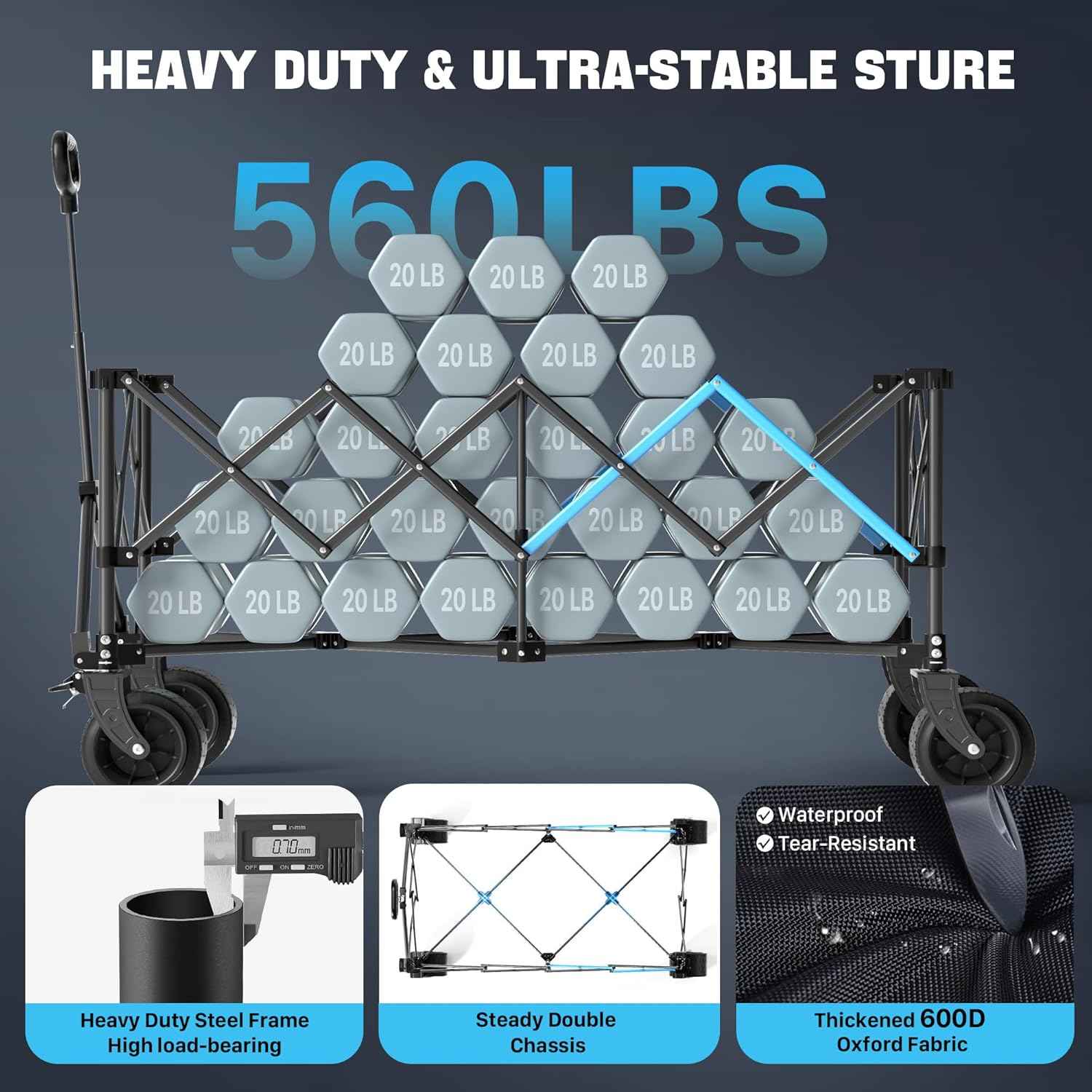48" XL Collapsible Wagon Cart, 400L Heavy Duty Folding Wagon with All-Terrain Wheels, 560 lbs Capacity Utility Wagon for Camping, Garden, Sports, Beach and Shopping