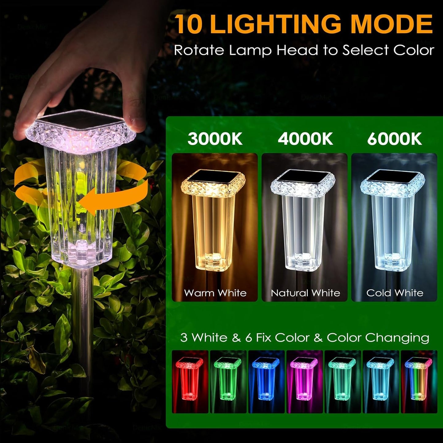 DenicMic Solar Lights Outdoor 4 Pack LED Waterproof Outside Pathway Lights for Yard Garden Walkway Driveway Landscape Path Lighting, Bright LED 3000K/4000K/6000K/6 Fixed Colors/Color Changing