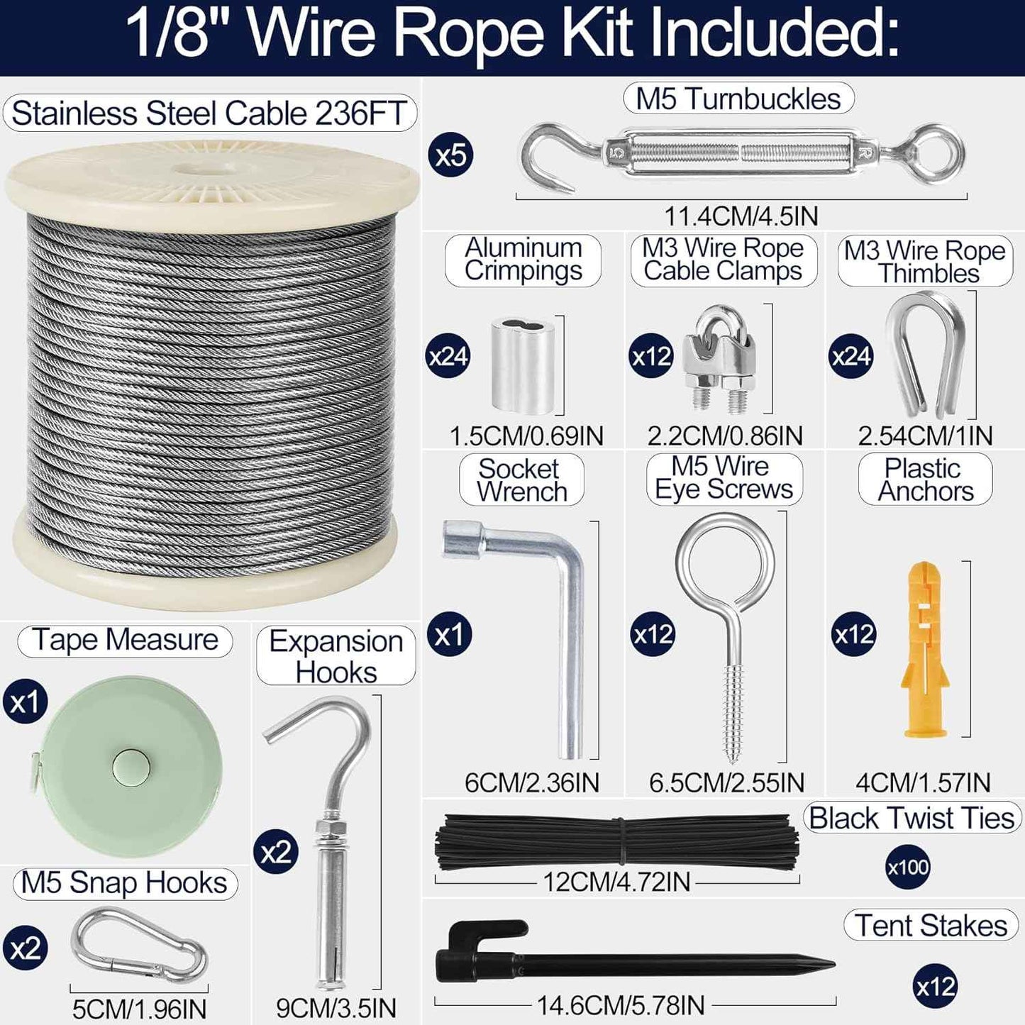 1/8" Wire Rope Kit 236FT Stainless Steel Aircraft Cable with M5 Turnbuckles, 7x7 Strand Core Vinyl Coated Guy Wire Tensioner Kit for Garden String Light, Pictuer, Clothes, Curtain Hanging
