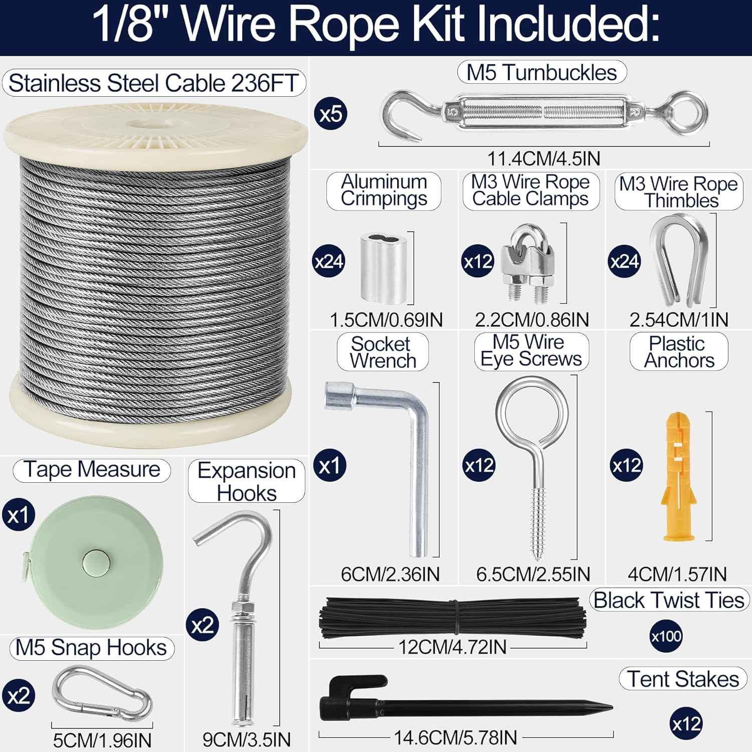 1/8" Wire Rope Kit 236FT Stainless Steel Aircraft Cable with M5 Turnbuckles, 7x7 Strand Core Vinyl Coated Guy Wire Tensioner Kit for Garden String Light, Pictuer, Clothes, Curtain Hanging