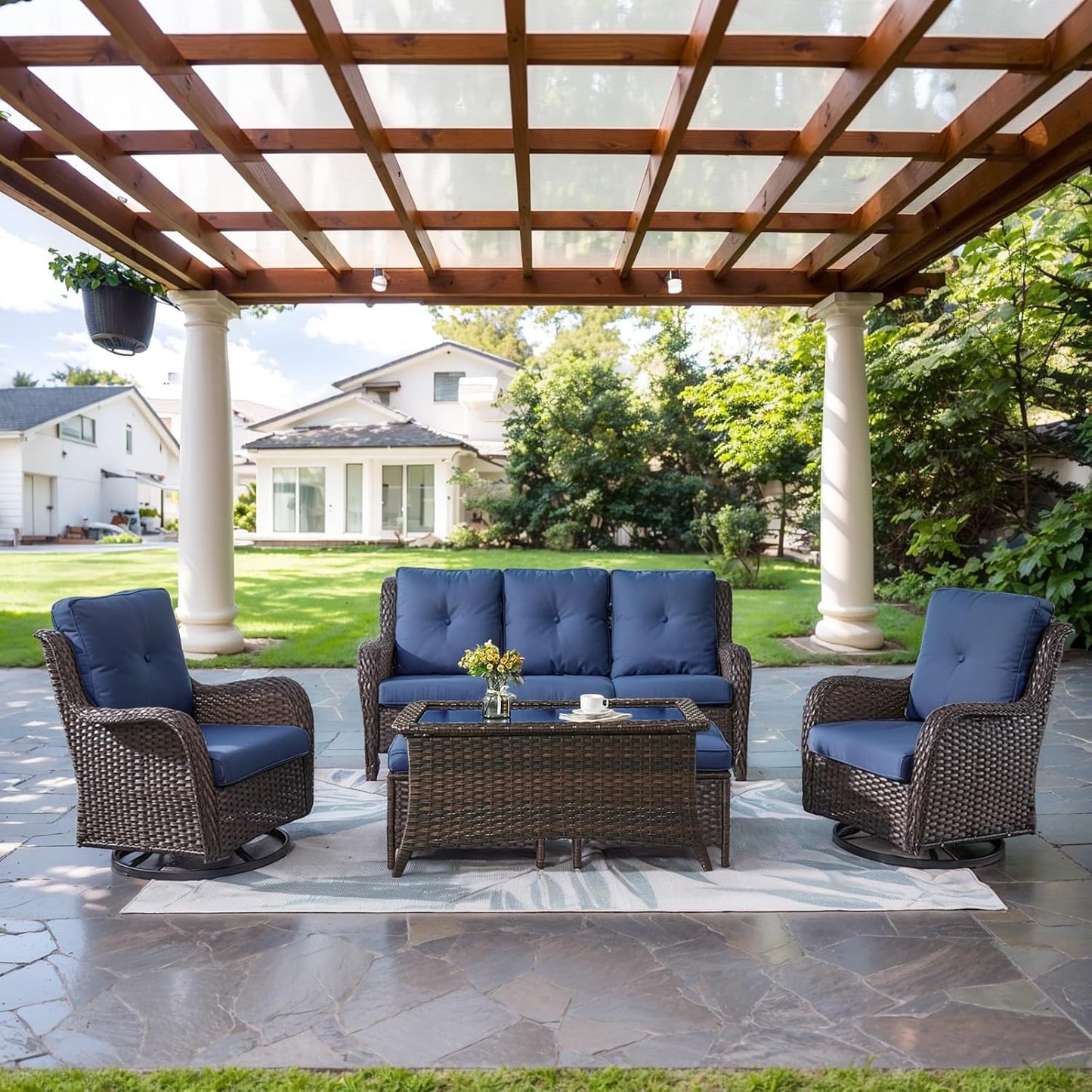 Wicker Outdoor Furniture Patio Furniture Set - 6 Piece Patio Conversation Set with Swivel Rocker Chairs, Rattan Sofa, Ottomans and Coffee Table, Blue Cushion