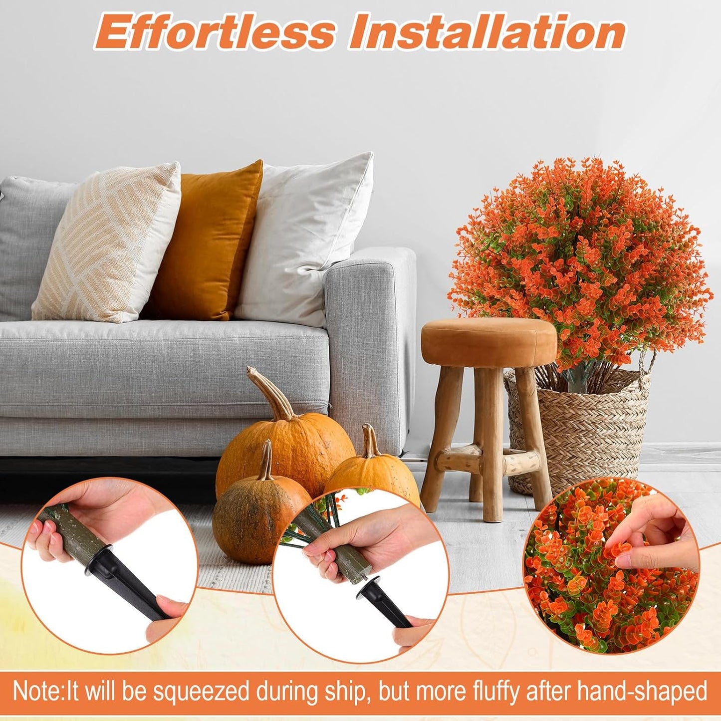 Yunlly 4 Pcs 18 Inch Fall Artificial Boxwood Ball Topiary Tree Outdoor Plants Bush, UV Resistance Faux Shrub with Spike Fall Porch Decor for Indoor Garden Yard Porch Patio Decor (Orange)