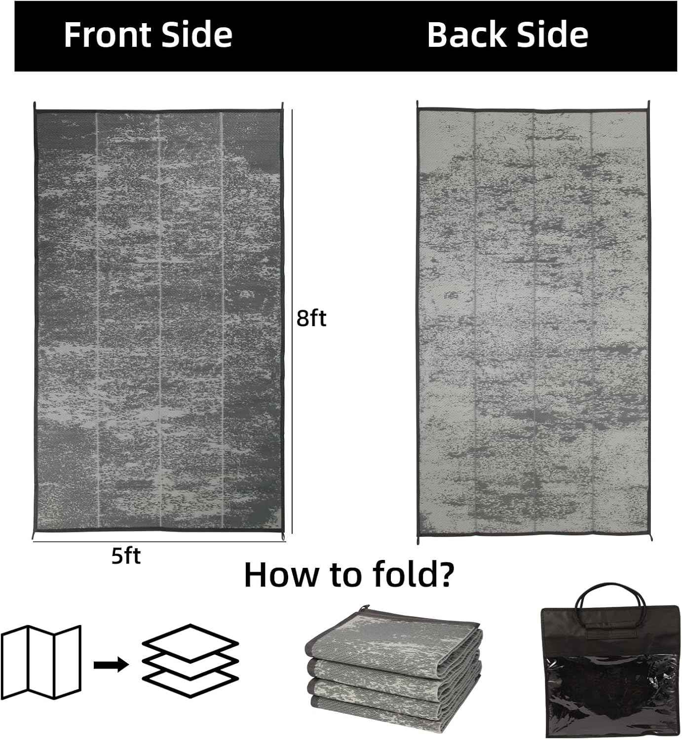 5'x 8' Outdoor Rug,Waterproof Reversible Patio Rugs,5x8 ft Plastic Straw Outdoor Carpet Foldable Plastic Camping Mat for Outside RV, Patio,Picnic,Camper,Balcony,Porch(5 x 8,Deep Gray)