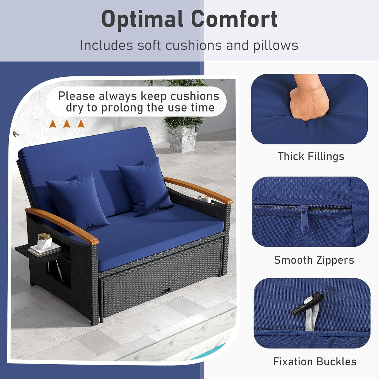 Moccha Outdoor Wicker Daybed, Patio Rattan Loveseat Sofa w/ 4-Level Adjustable Backrest, Folding Panels, Storage Ottoman & Cushions, Lounge Furniture Set for Poolside Backyard Porch (Navy & Black)