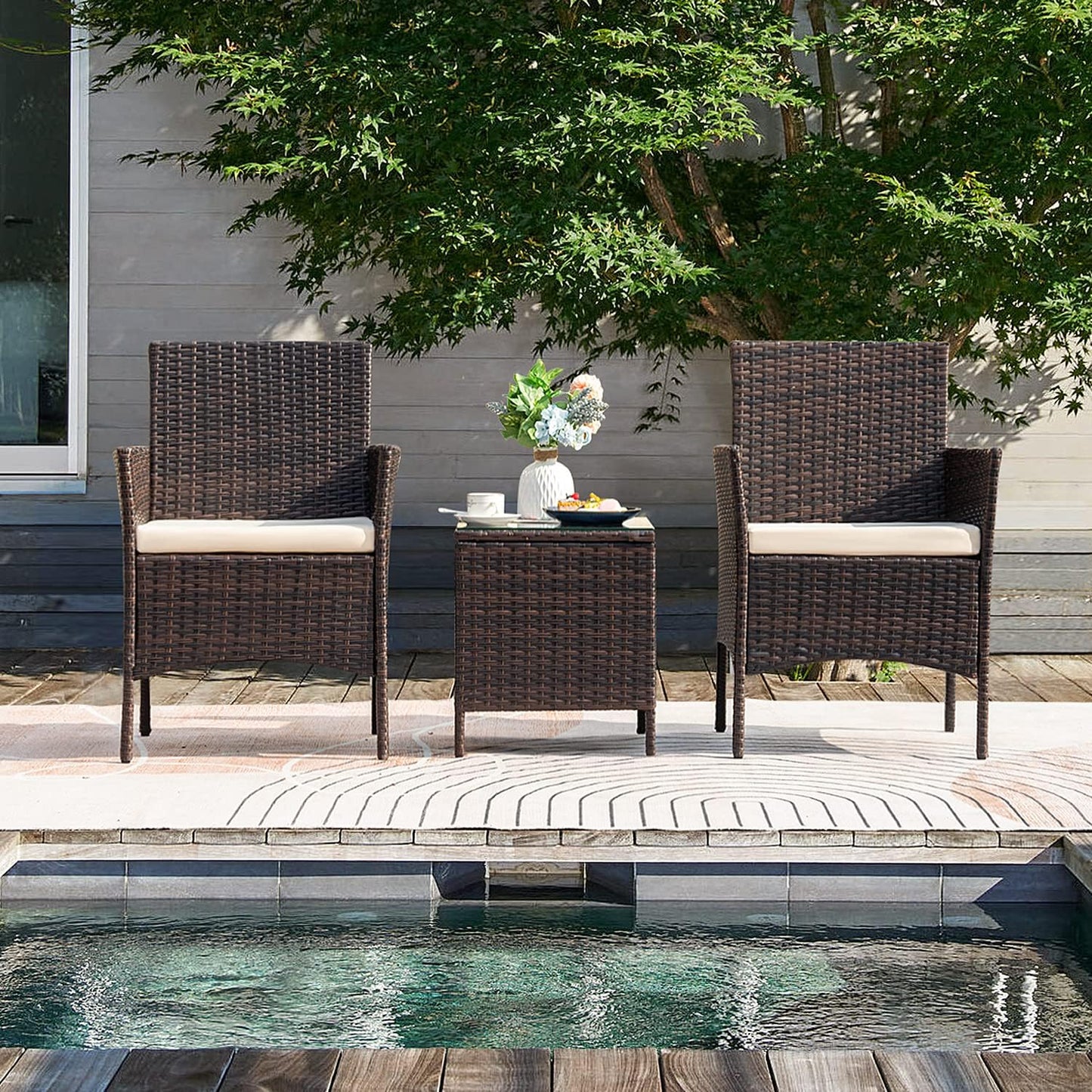 Rankok Patio Chairs Set of 2 Outdoor Front Porch Furniture Bistro Set 3 Piece Wicker Patio Chairs Balcony Furniture for Backyard Patio Balcony Lawn Pool (Brown)