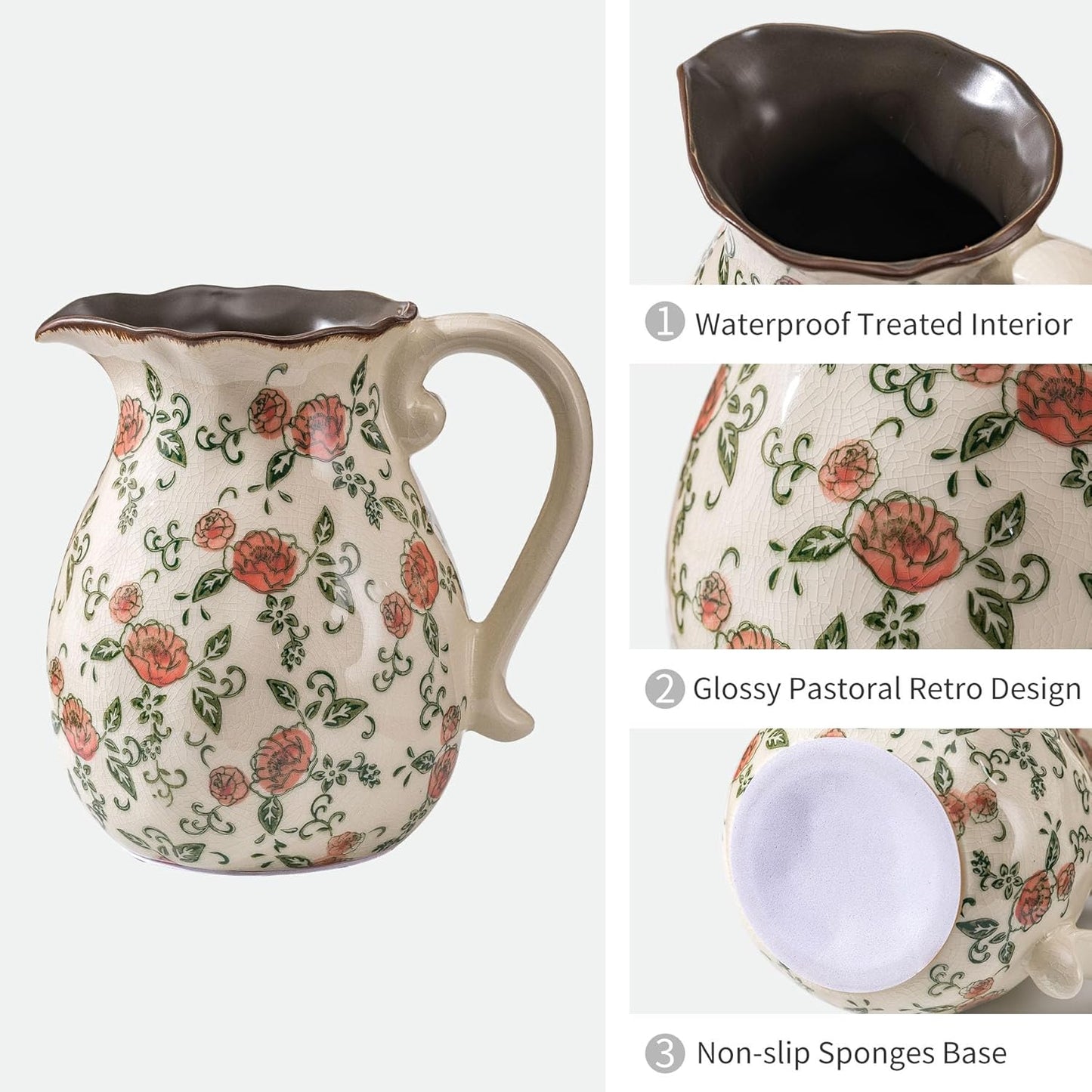 Green and White Vintage Vase with Handle, Red Rose Chinoiserie Floral Pitcher Vase, Rustic Ceramic Farmhouse Vases for Home Decor, Living Room, Bookshelf, Office, Grand Millennial Decor 7.9 Inch