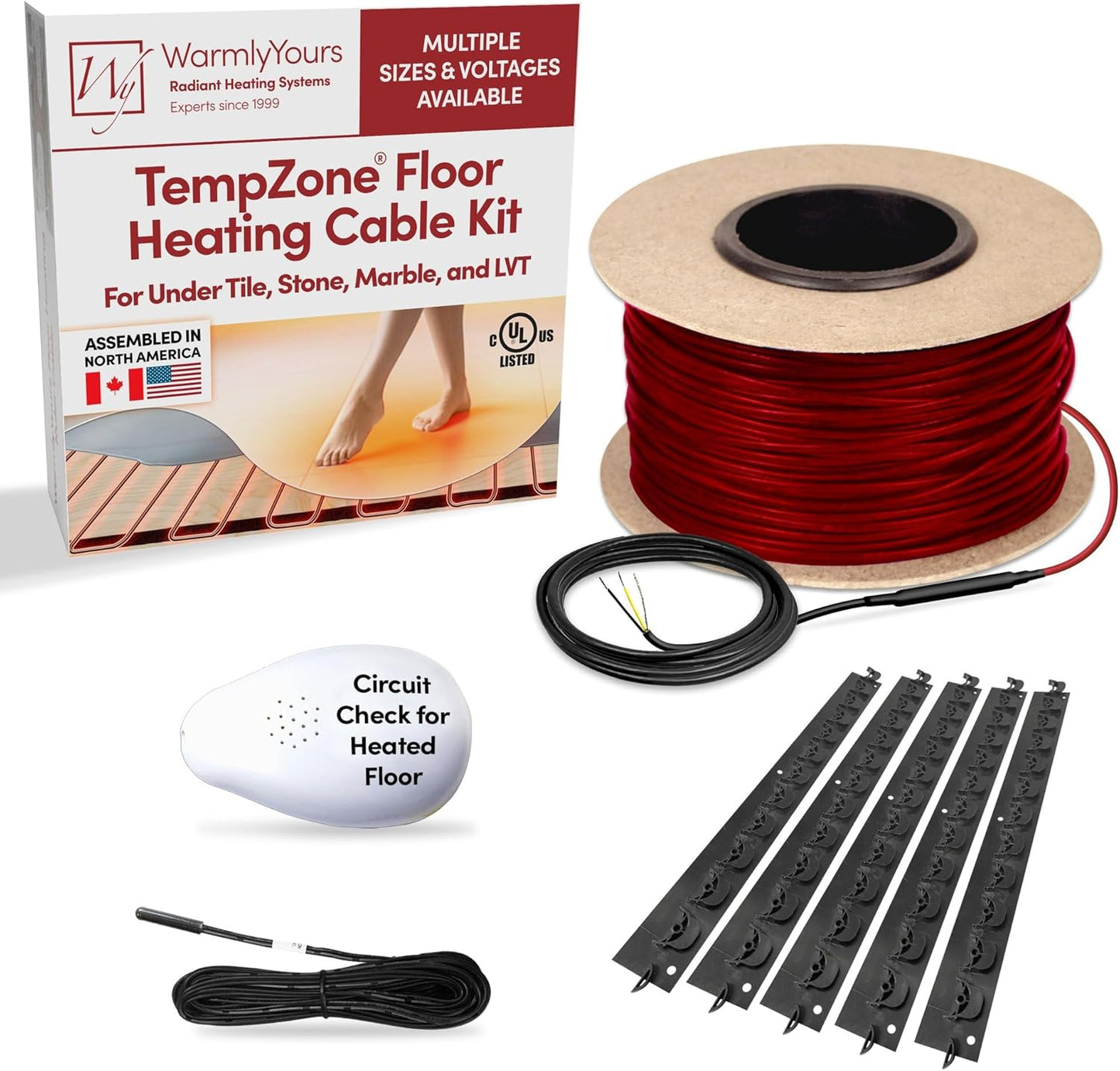 Electric Radiant Floor Heating System 113 sq. ft. with WarmlyYours TempZone Heated Floor Cable 340 ft. 120V, Fixing Strips, Floor Sensor, Tester - Install Under Tile, Vinyl, Wood - Great for Bathroom
