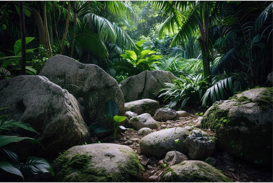 Reptile Habitat Backdrop Lush Tropical Plants and Rocks Terrarium Backdrop Dense Vegetation with Large Broad Leaves and Ferns Fish Tank Background Aquarium Wallpaper Poster Decor Vinyl 36x24in