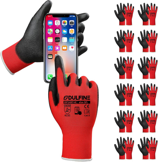 DULFINE Safety Work Gloves PU Coated for Men and Women-12 Pairs,Red Seamless Knit Glove with Two Fingers Touchscreen,Ideal for General Duty Work (Large)