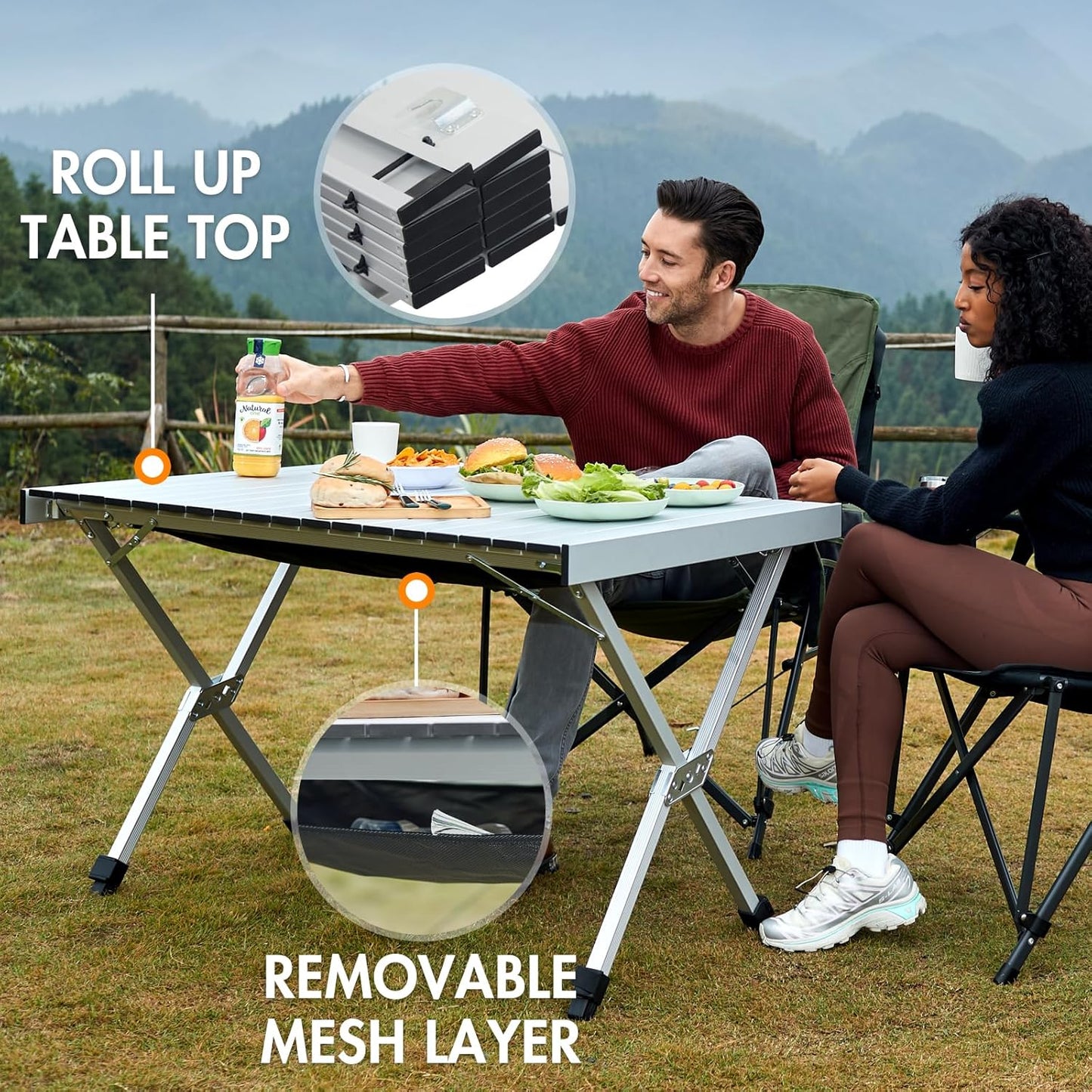 Portal Folding Outdoor Camping Table with Adjustable Height, Aluminum Roll-Up Top and Carry Bag, Big Large Portable Tables for Picnic, BBQ and Tailgating, Silver