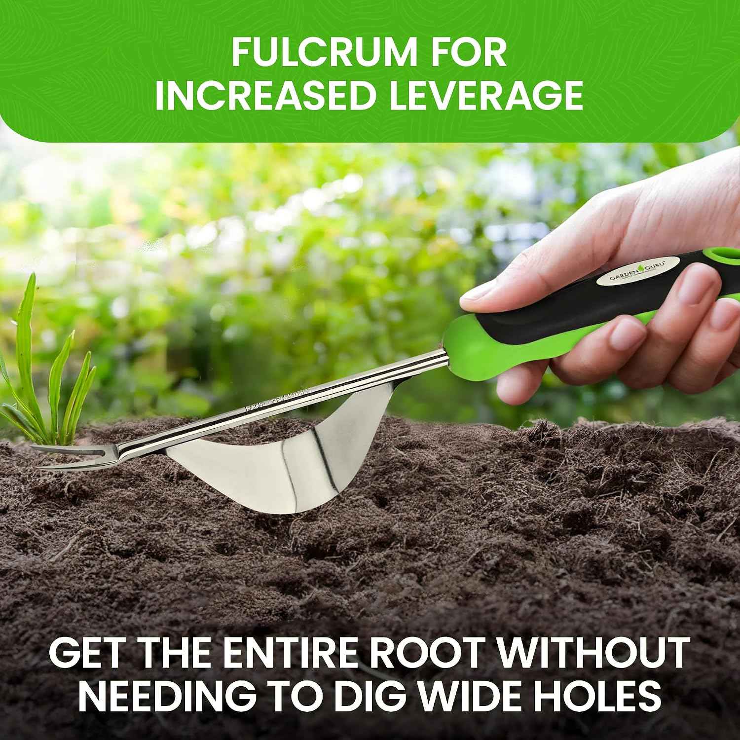 Garden Guru Dandelion Weeder Tool with Fulcrum - Rust Resistant Stainless Steel Weed Puller Weed Puller with Leverage Base, V-Shaped Fork Tip & Ergonomic Handle - for Planting & Weeding