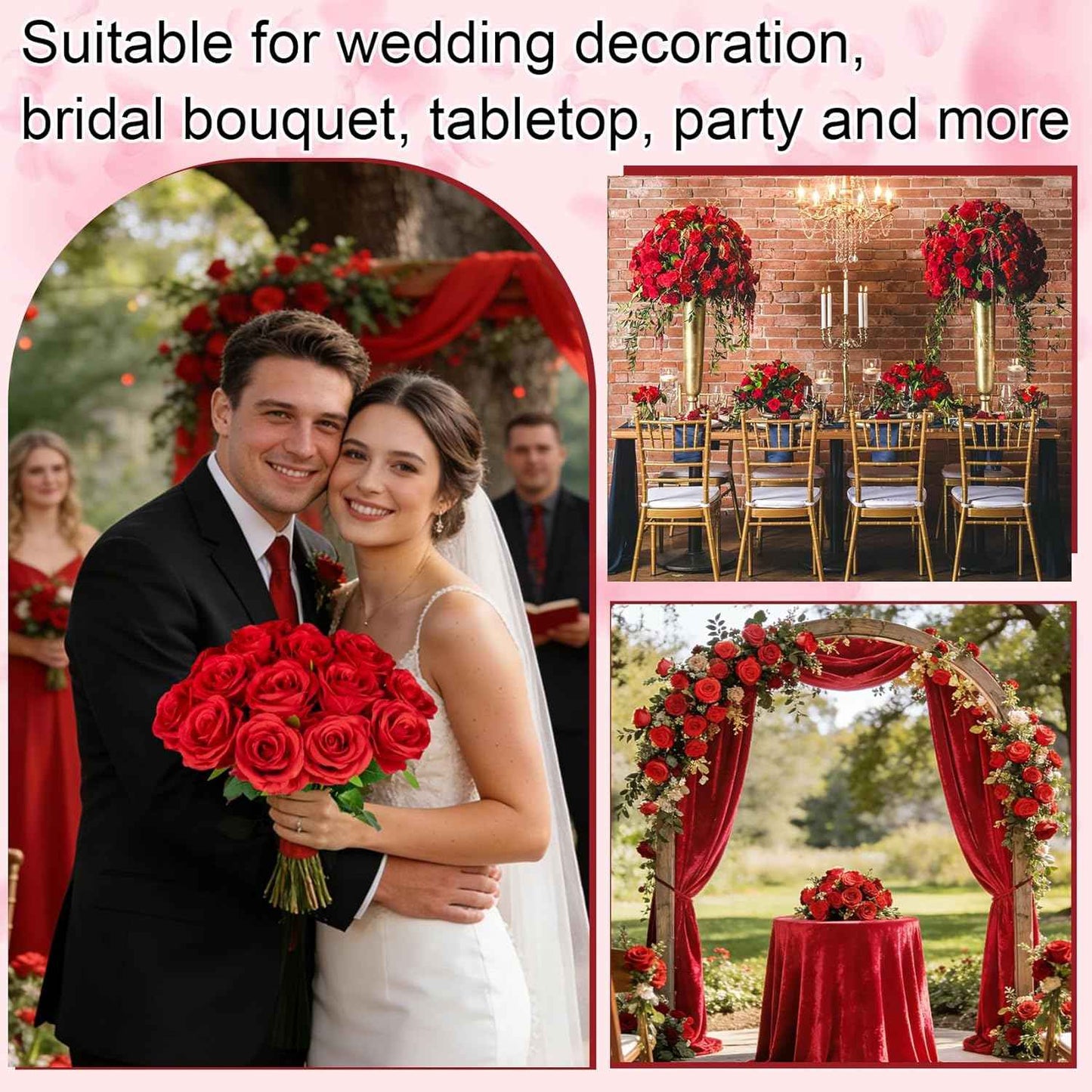 Ouddy Decor 20 Pcs Red Roses Artificial Silk Flowers Fake Roses Bouquet with Long Stems for Mother's Day Decor Wedding Home Party Table Centerpieces Bridal Bouquet DIY Floral Arrangment, Red