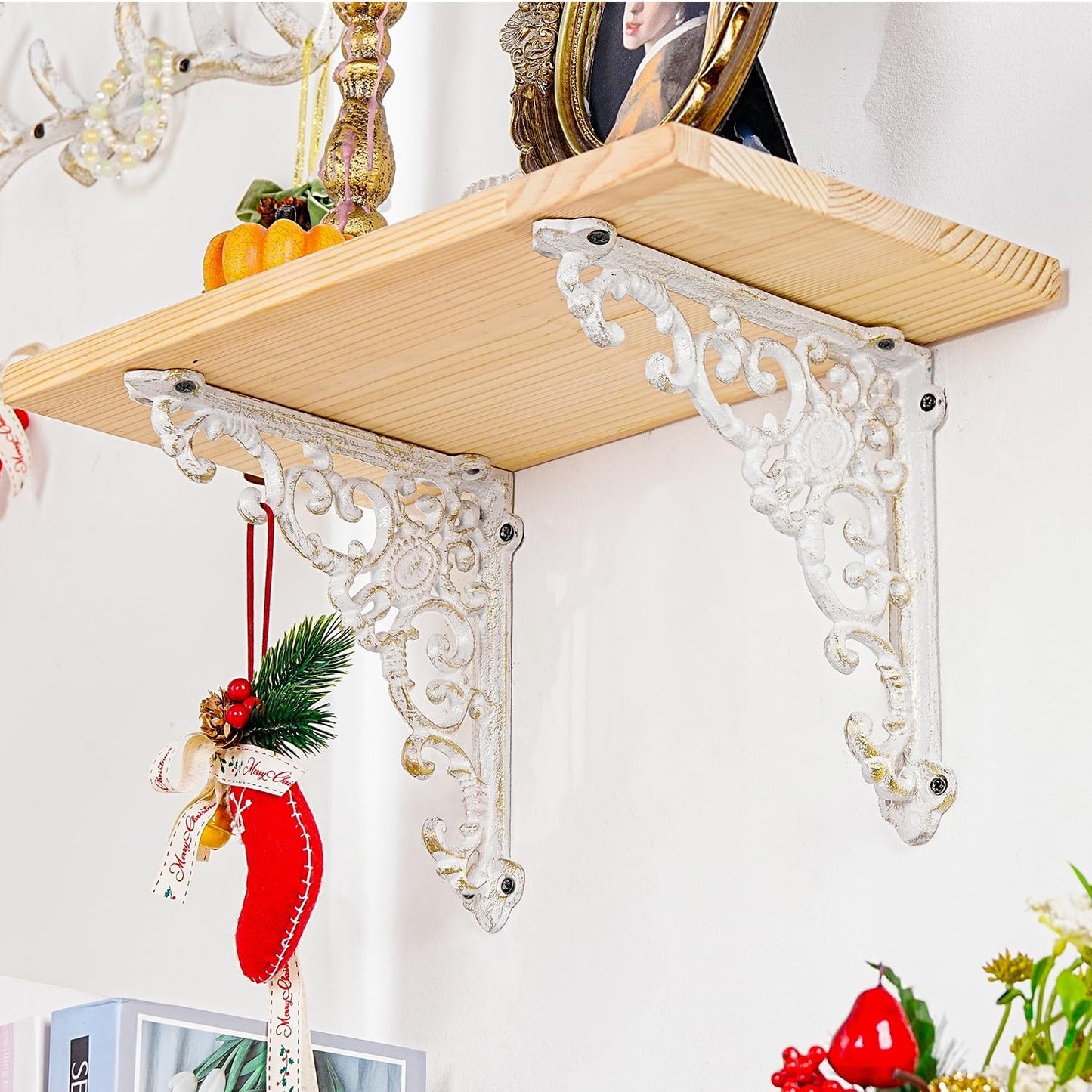Sungmor Vintage Cast Iron Shelf Brackets - Ornate Decorative Corner Shelf Supports, 2 Pack Garden Wall Hanging Bracket - 7.7 Inch Rustic White Metal Corbels with Scroll Design, Indoor Outdoor Use