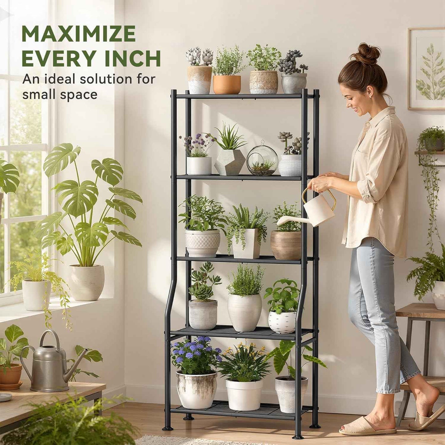 Livilord 5-Tier Plant Stand Indoor Outdoor, 64" Tall Metal Ladder Shelf for Multiple Flower Pot Holder, Waterproof Corner Garden Rack for Balcony Living Room, Black