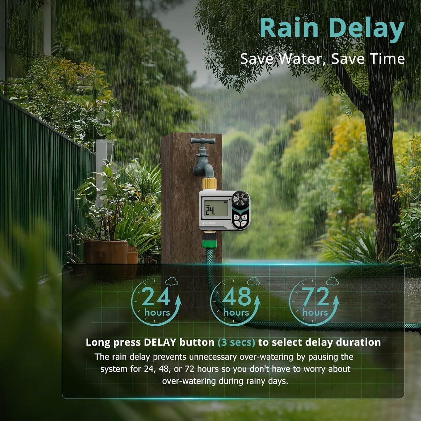 QUOBAS Zero Pressure Water Timer, Programmable Sprinkler Timer for Garden Hose Faucet with Brass Ports, Rain Delay/Manual/Automatic Irrigation System, Low Pressure Watering Compatible Rain Barrel