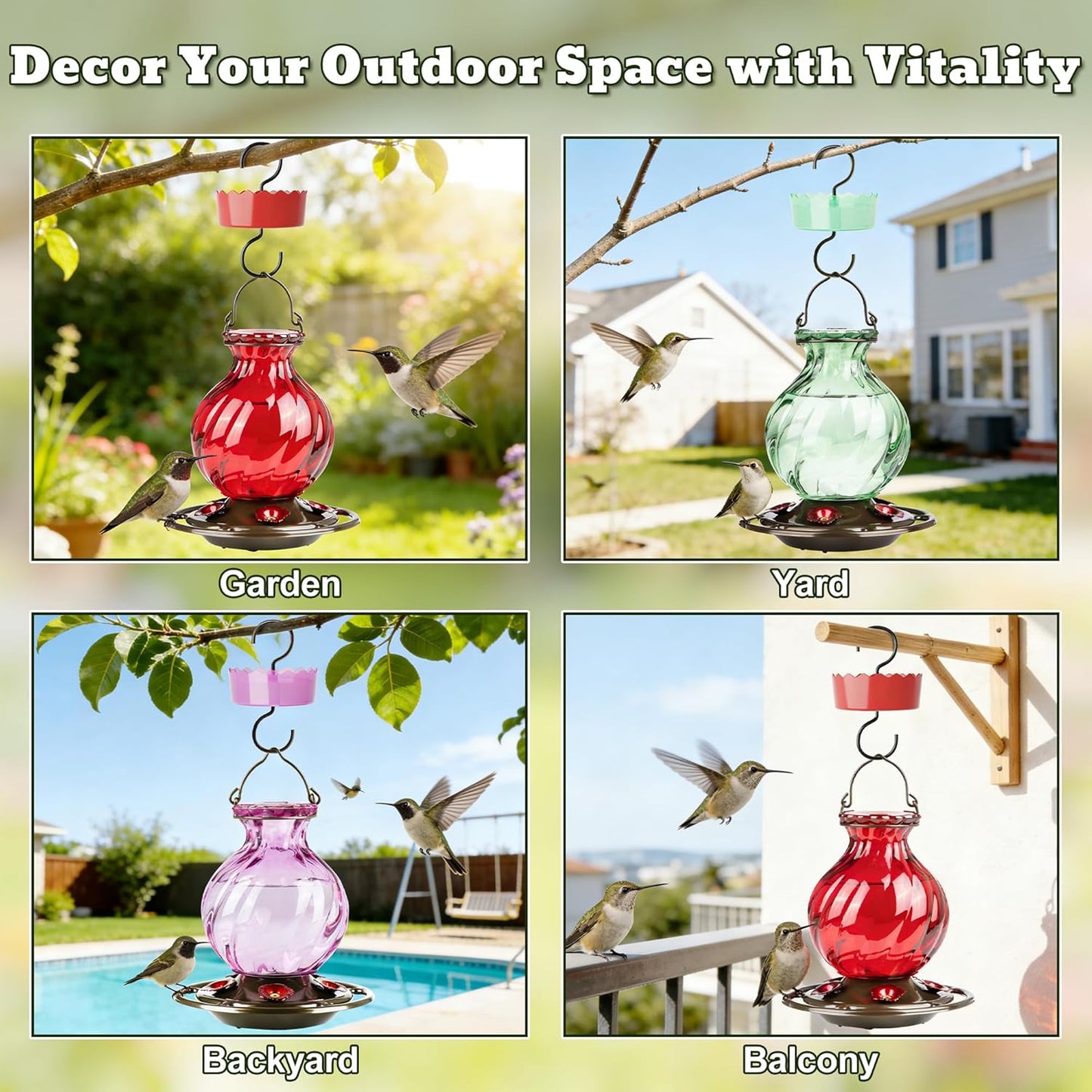 Hummingbird Feeder, Auslar 26 Ounces Glass Hummingbird Feeders for Outdoors Hanging Ant and Bee Proof, Ant Moat & 5 Flower Feeding Ports, Rustproof, Leakproof, Netted Flower Bud Shape Bottle, Red