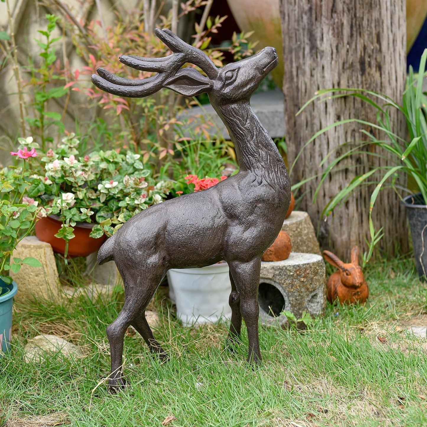 Sungmor 22" Tall Cast Iron Deer Statue - Indoor Outdoor Metal Deer Sculpture, Large & Heavy-Duty Wild Animal Landscaping Figurine, Rustic Garden Decor for Patio, Yard, Home (Dark Brown)