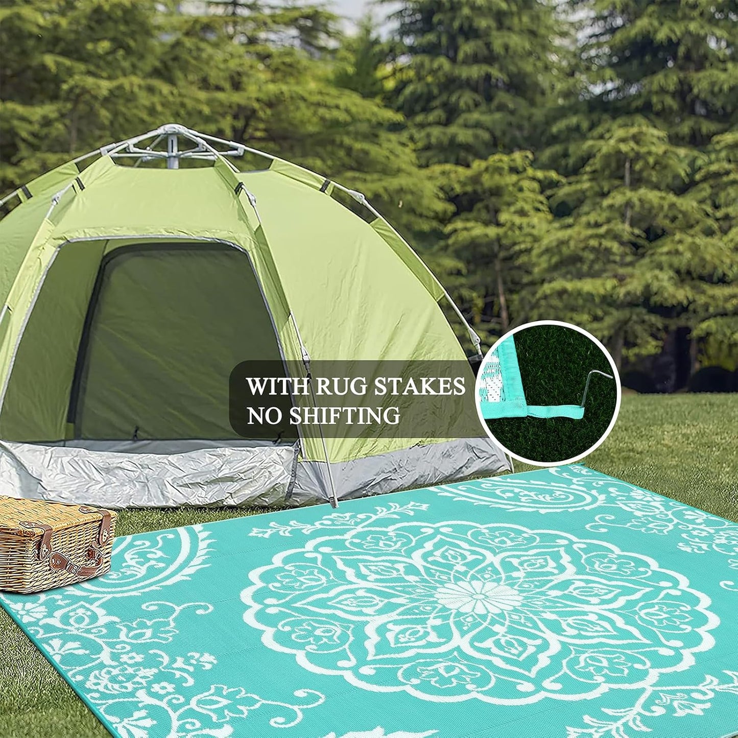 Pauwer Waterproof Outdoor Rug 8x10, Reversible Plastic Straw Patio Camping Rug, Indoor Outdoor RV Mat Carpet for Deck, Camper, Porch, Balcony, Backyard, Picnic, Boho Light Blue