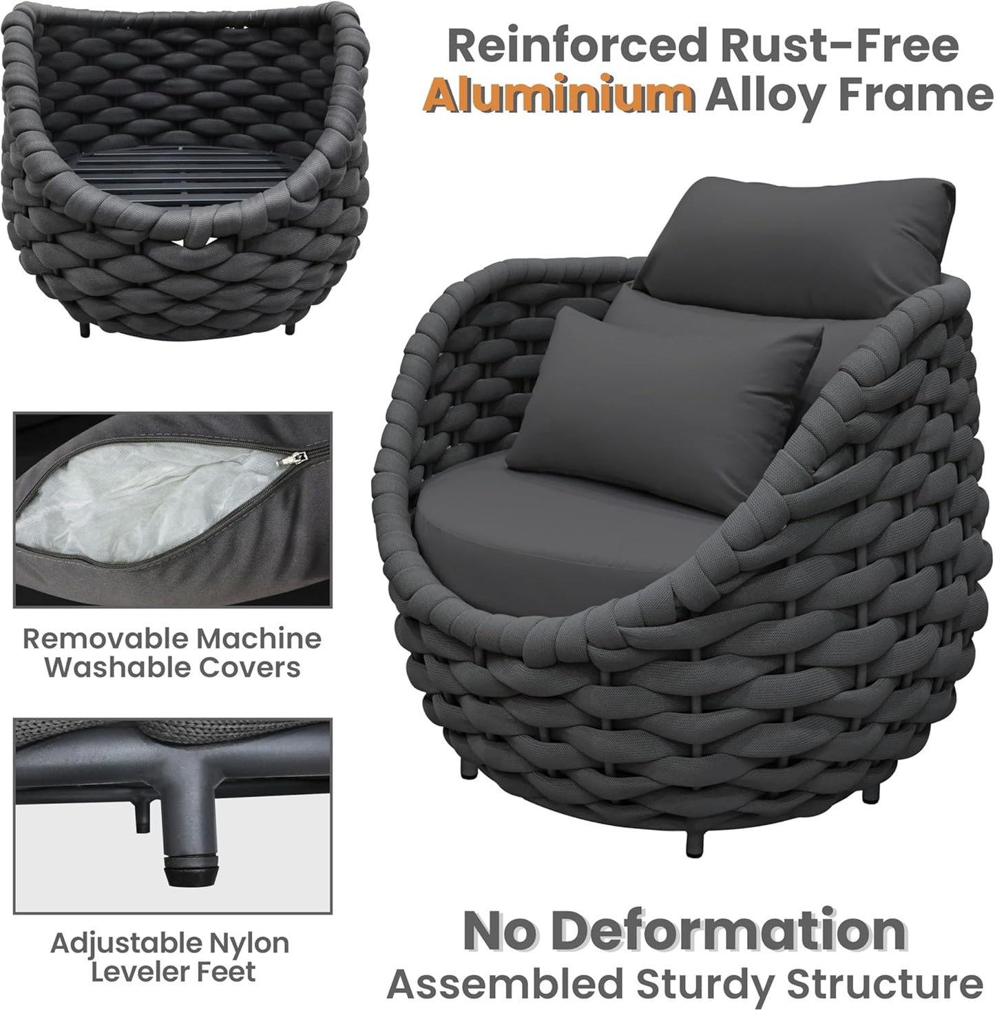 Deck Furniture Set: 3 Pieces Aluminum Woven Rope Patio Conversation Sofa Set for 2, Comfy Cushions Couch Armchair Table Set Assembled, 400lbs for Porch Balcony Pool Bistro Yard Hotel - Dark Gray