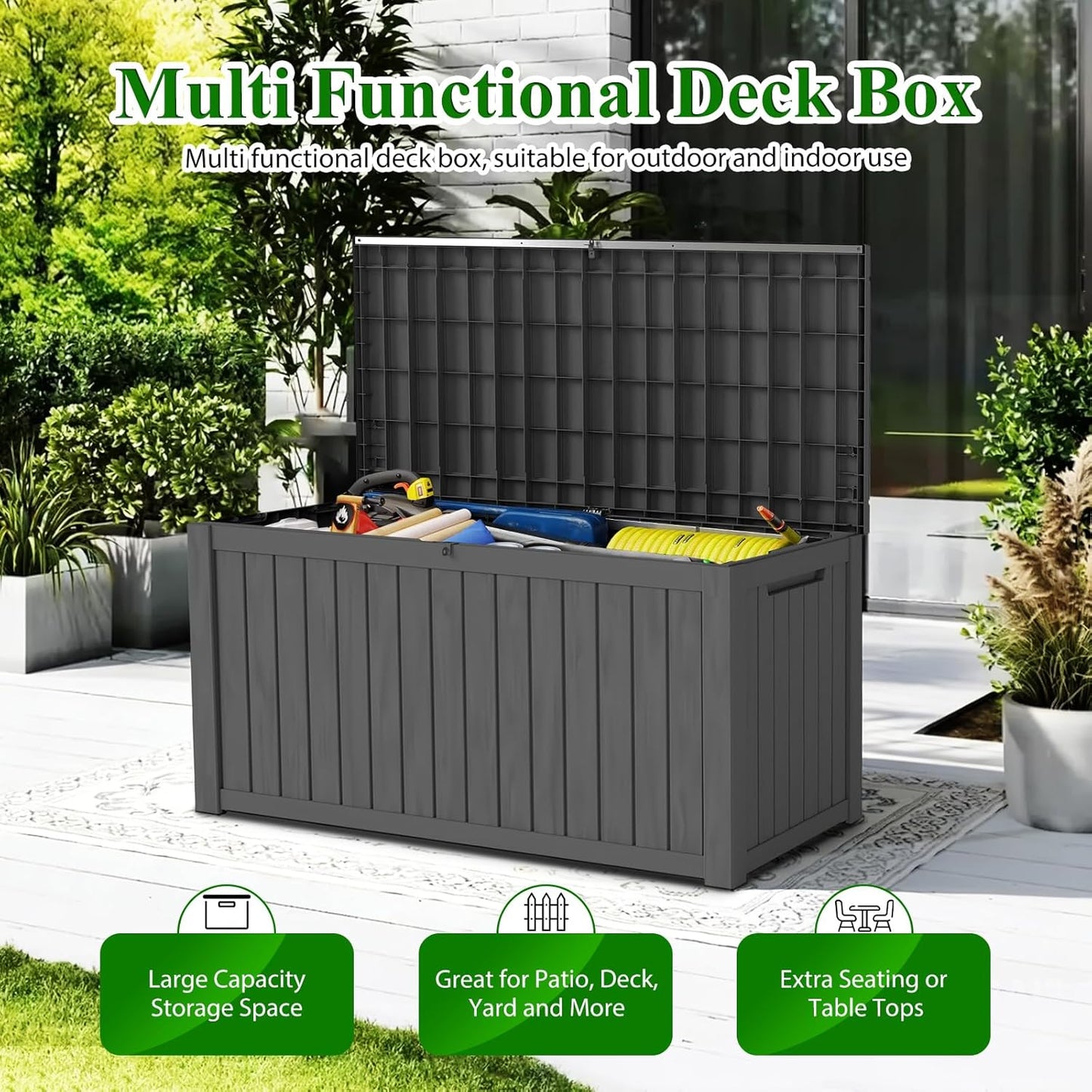 180 Gallon Large Outdoor Storage Box, Resin Deck Box Lockable Waterproof for Patio Furniture Cushions, Garden Tools, UV Resistant Outside Storage Bin, Black
