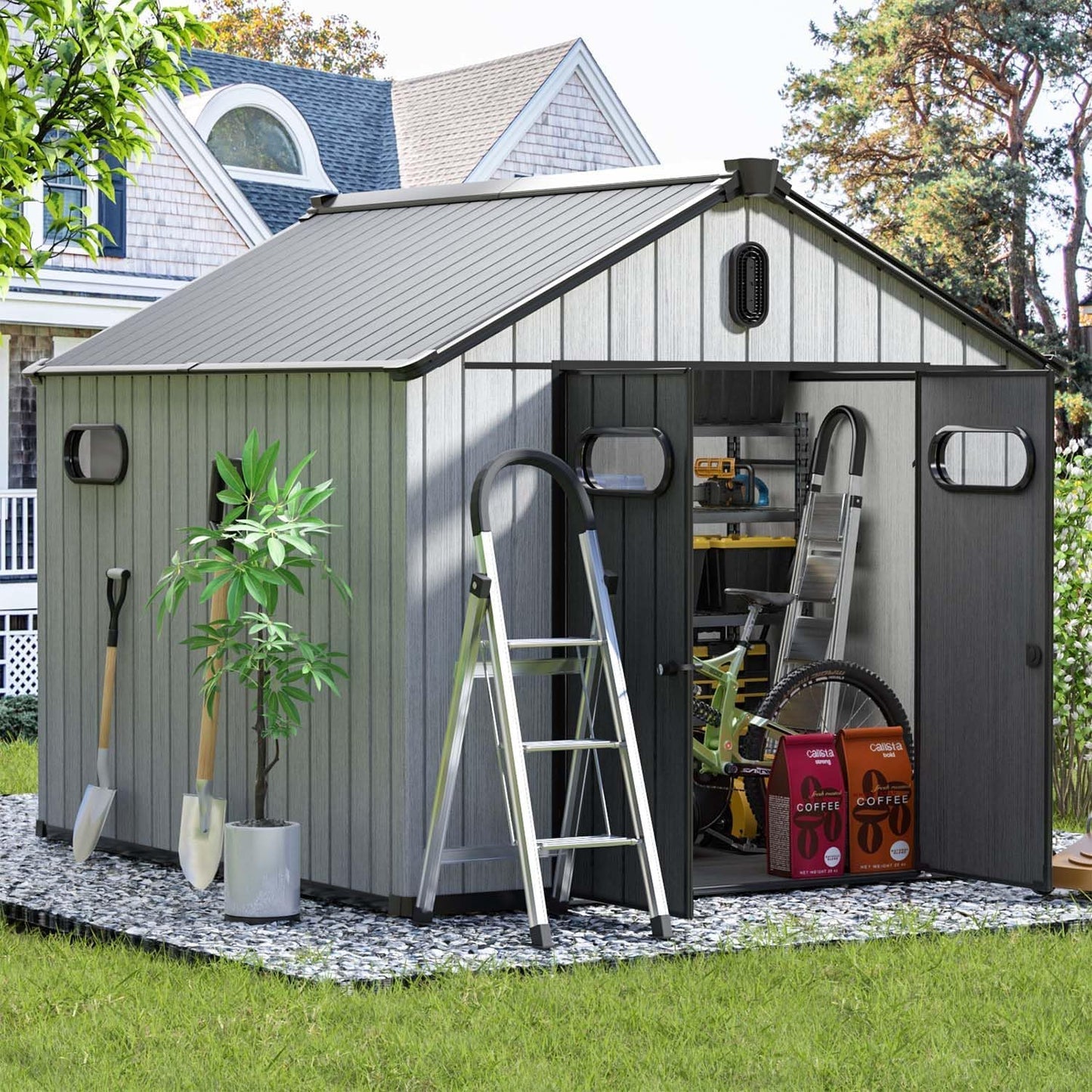Aoxun 10X8FT Outdoor Shed with Floor, Resin Storage Shed with Lockable Door, Garden Utility Tool Shed Storage House for Backyard, Patio, Lawn