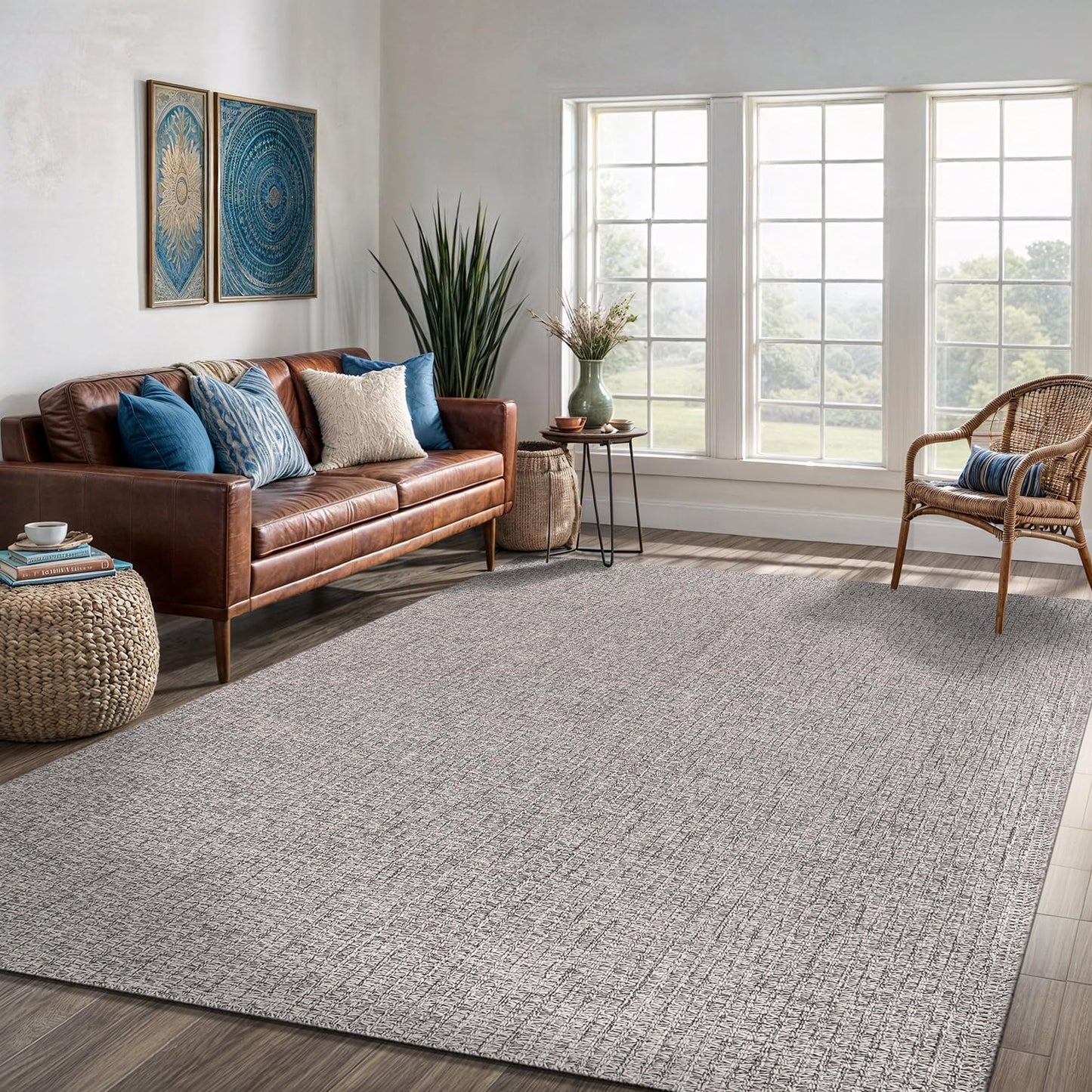 Easy Jute Rug 8x10 Indoor Outdoor Natural Rugs Solid Fiber Rug Woven Area Rug Boho Easy Clean Inside Carpet for Living Room Bedroom Dining Room Hallway or Outdoor Patio Porch (8 X 10 Silver)