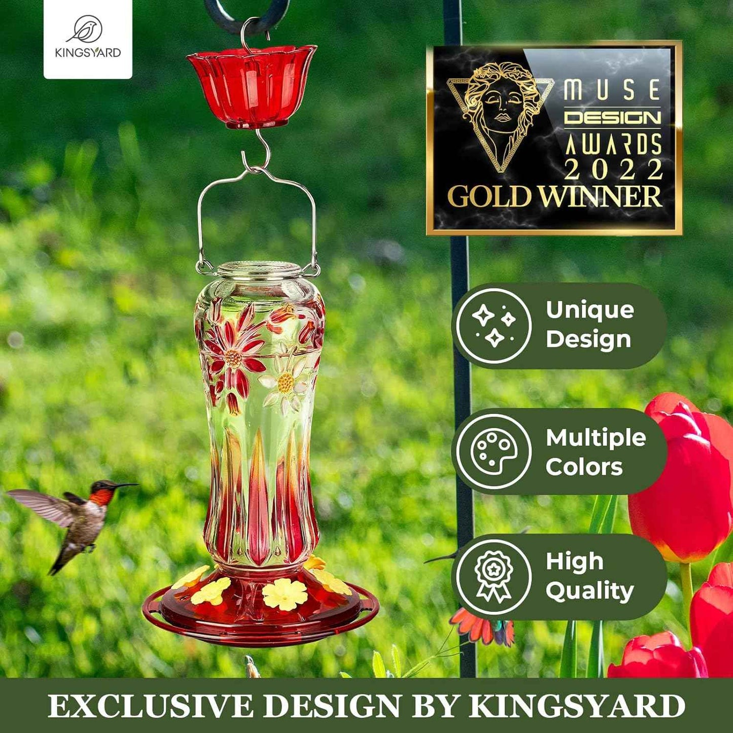 Kingsyard Glass Hummingbird Feeder 25oz – Ant Moat, 6 Bee-Proof Ports, 360° Perch